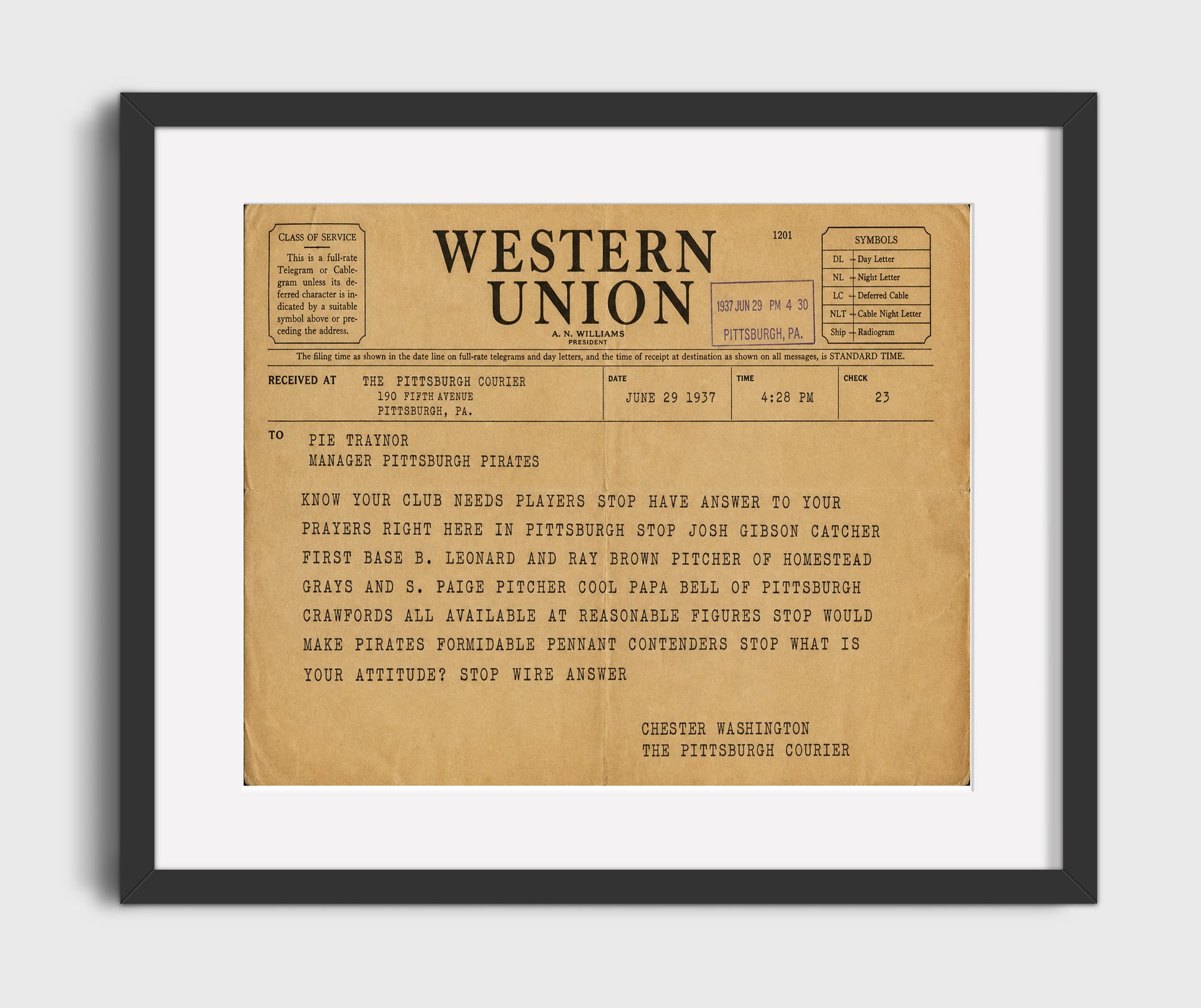 Negro League Stars Recruitment Telegram 1937 Baseball Wall Art 16x20 Gallery Frame wall art print – Baseball Wall Art decor