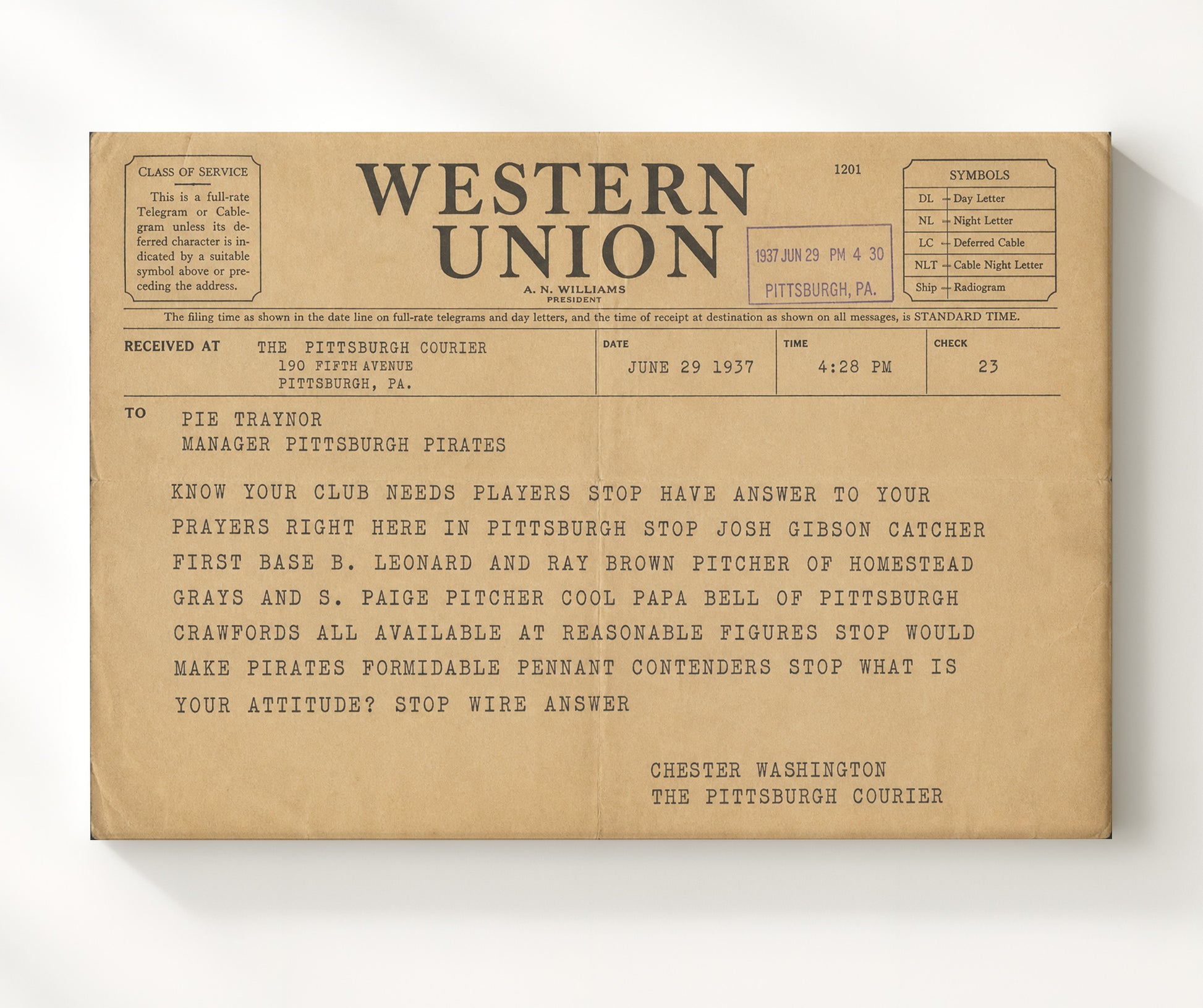 Negro League Stars Recruitment Telegram 1937 Baseball Wall Art 20x24 Canvas wall art print – Baseball Wall Art decor