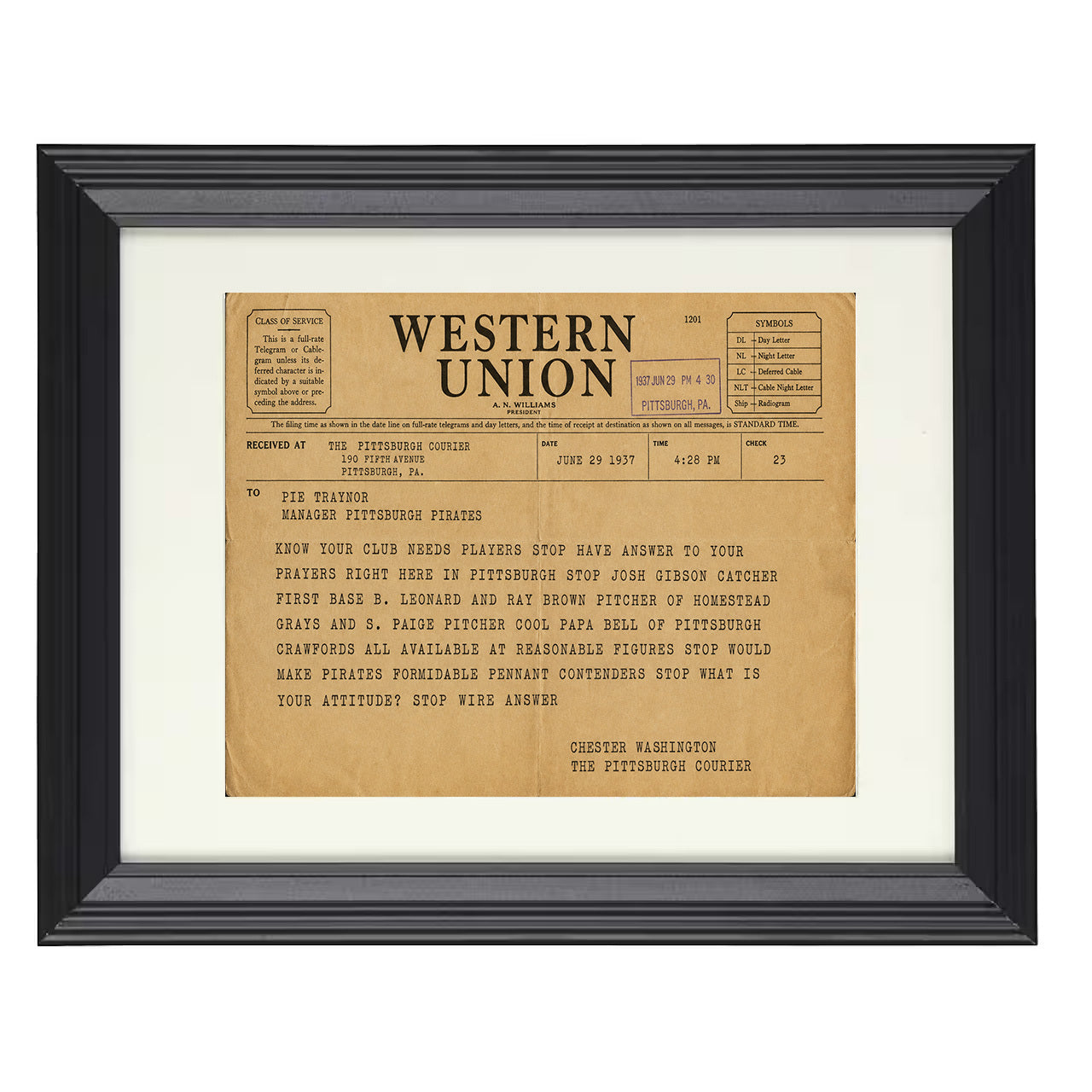 Negro League Stars Recruitment Telegram 1937 8x10 black beveled framed baseball wall art