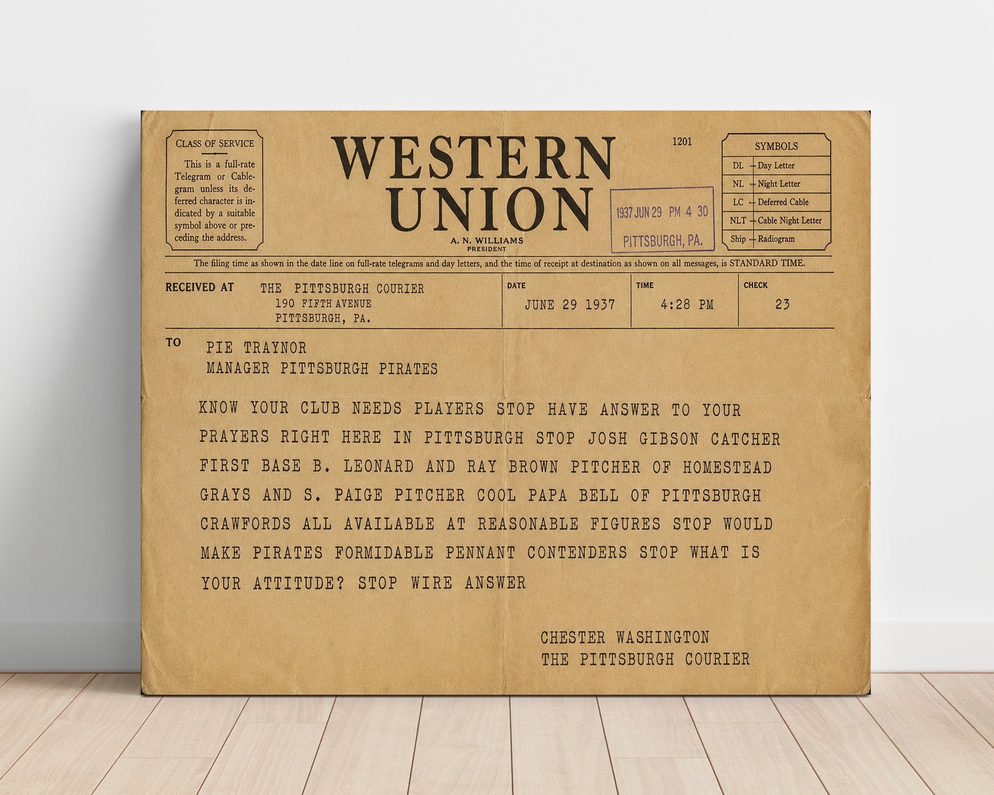 Negro League Stars Recruitment Telegram 1937 Baseball Wall Art 16x20 Unframed Print wall art print – Baseball Wall Art decor