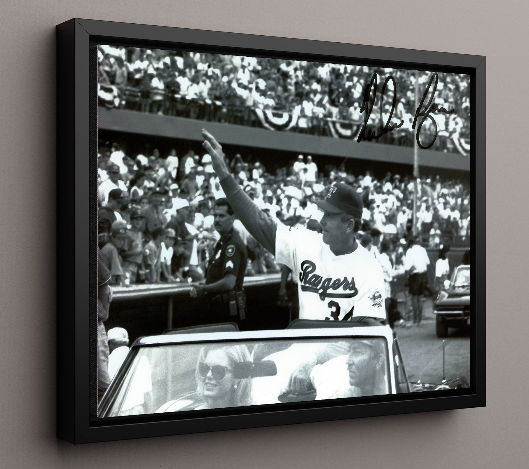 Nolan Ryan - Waving from Parade Car Baseball Wall Art 16x20 Framed Canvas wall art print – Baseball Wall Art decor