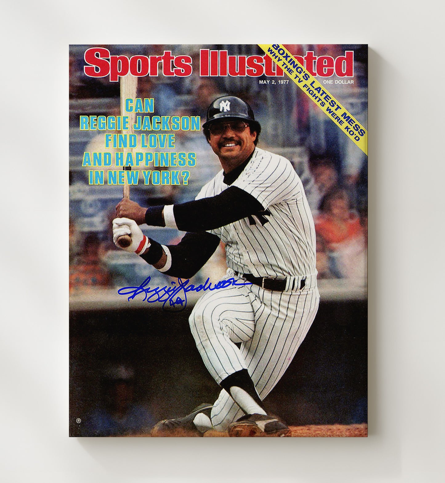 Reggie Jackson - 1977 SI Cover New York Legend Swinging Spotlight Baseball Wall Art 20x24 Canvas wall art print – Baseball Wall Art decor