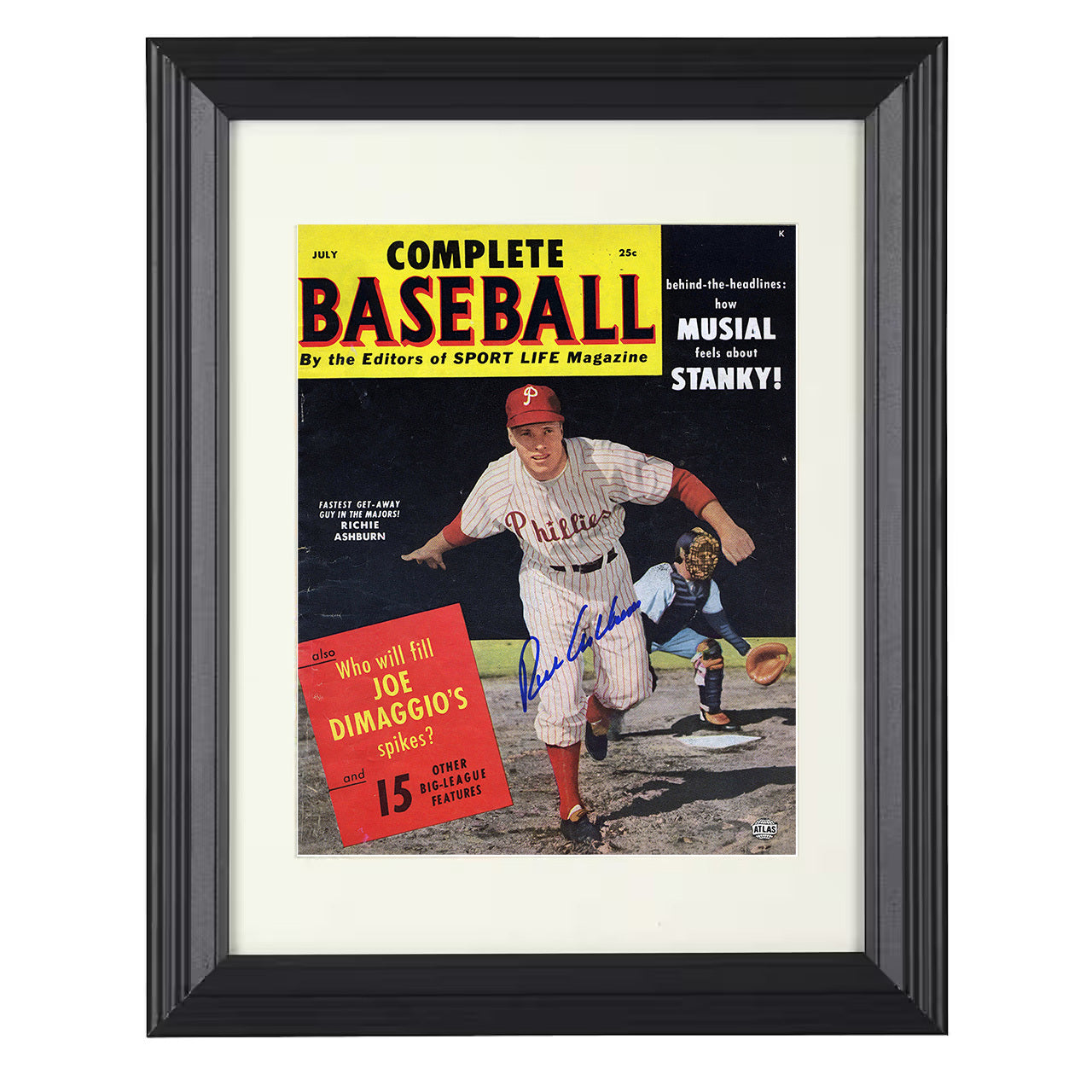 Richie Ashburn - Complete Baseball 1955 - Signed - Action 8x10 black beveled framed baseball wall art