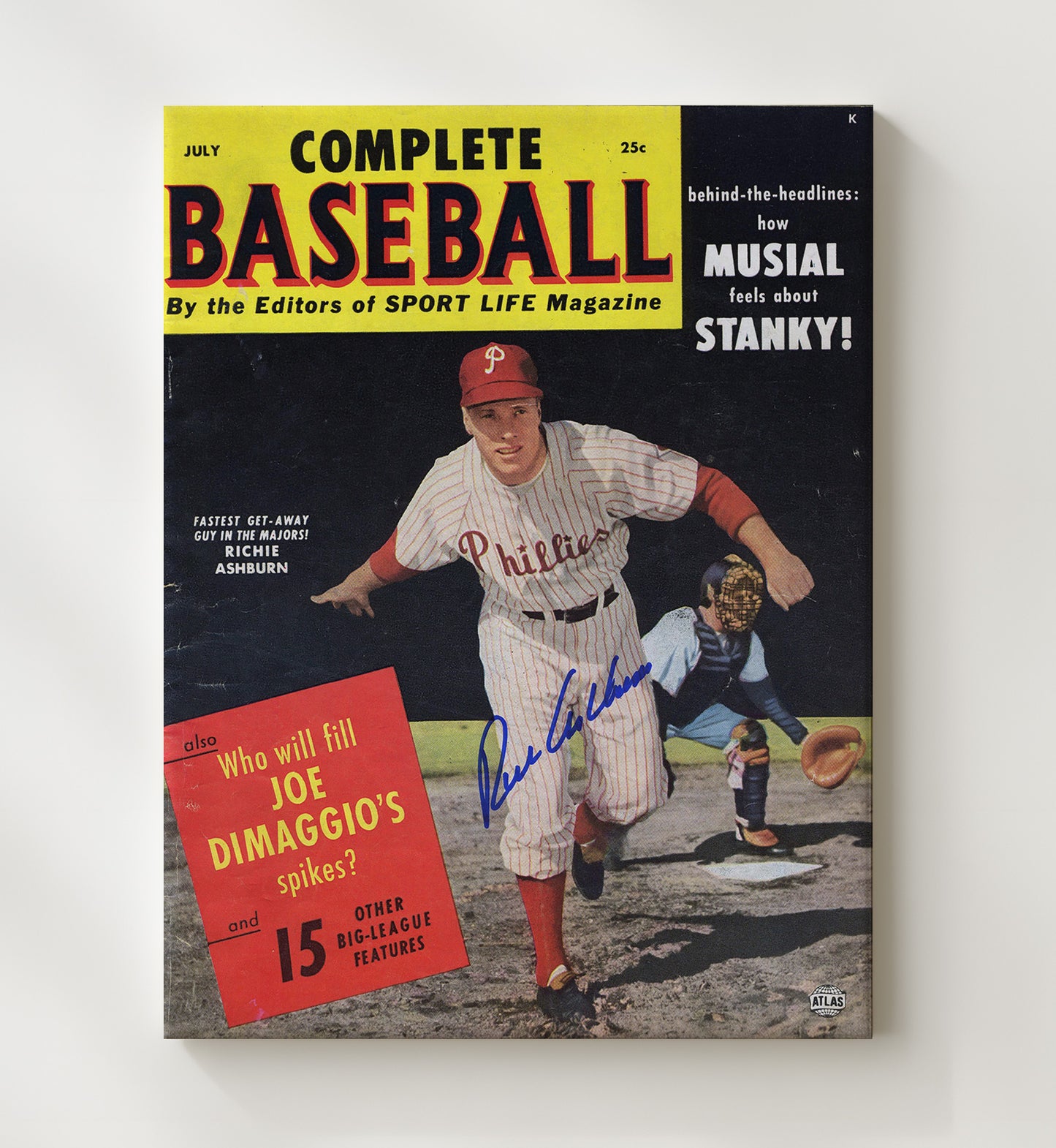 Richie Ashburn - Complete Baseball 1955 - Signed - Action Wall Art 20x24 Canvas wall art print – Baseball Wall Art decor