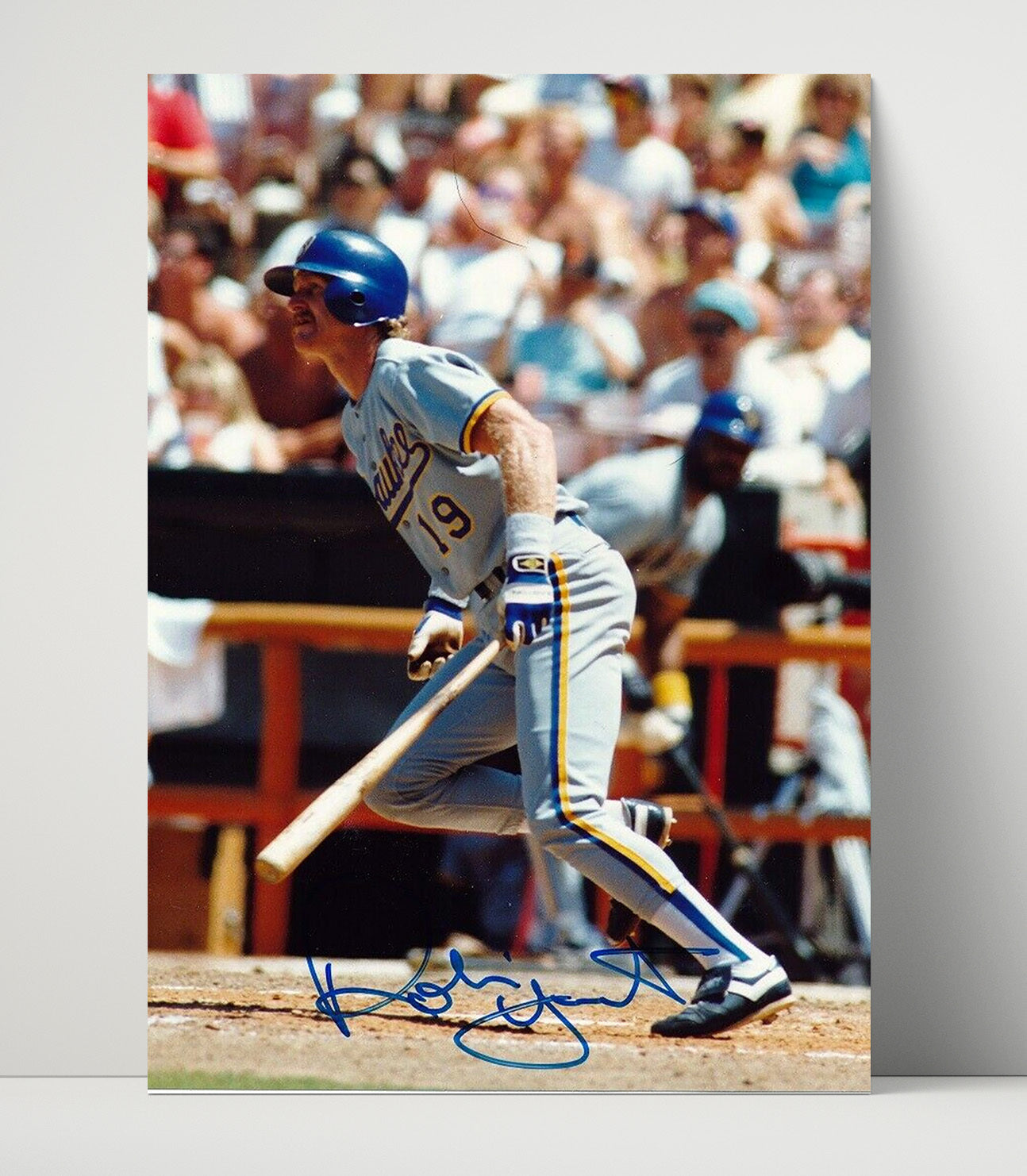 Robin Yount - Milwaukee Legend After The Hit Spotlight Baseball Wall Art 16x20 Unframed Print wall art print – Baseball Wall Art decor