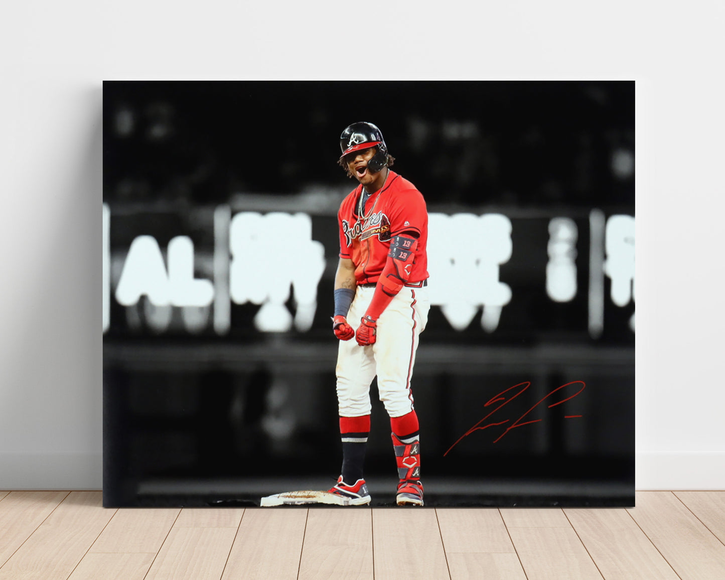 Ronald Acuna Jr - Base Celebration Flex Baseball Wall Art 16x20 Unframed Print wall art print – Baseball Wall Art decor