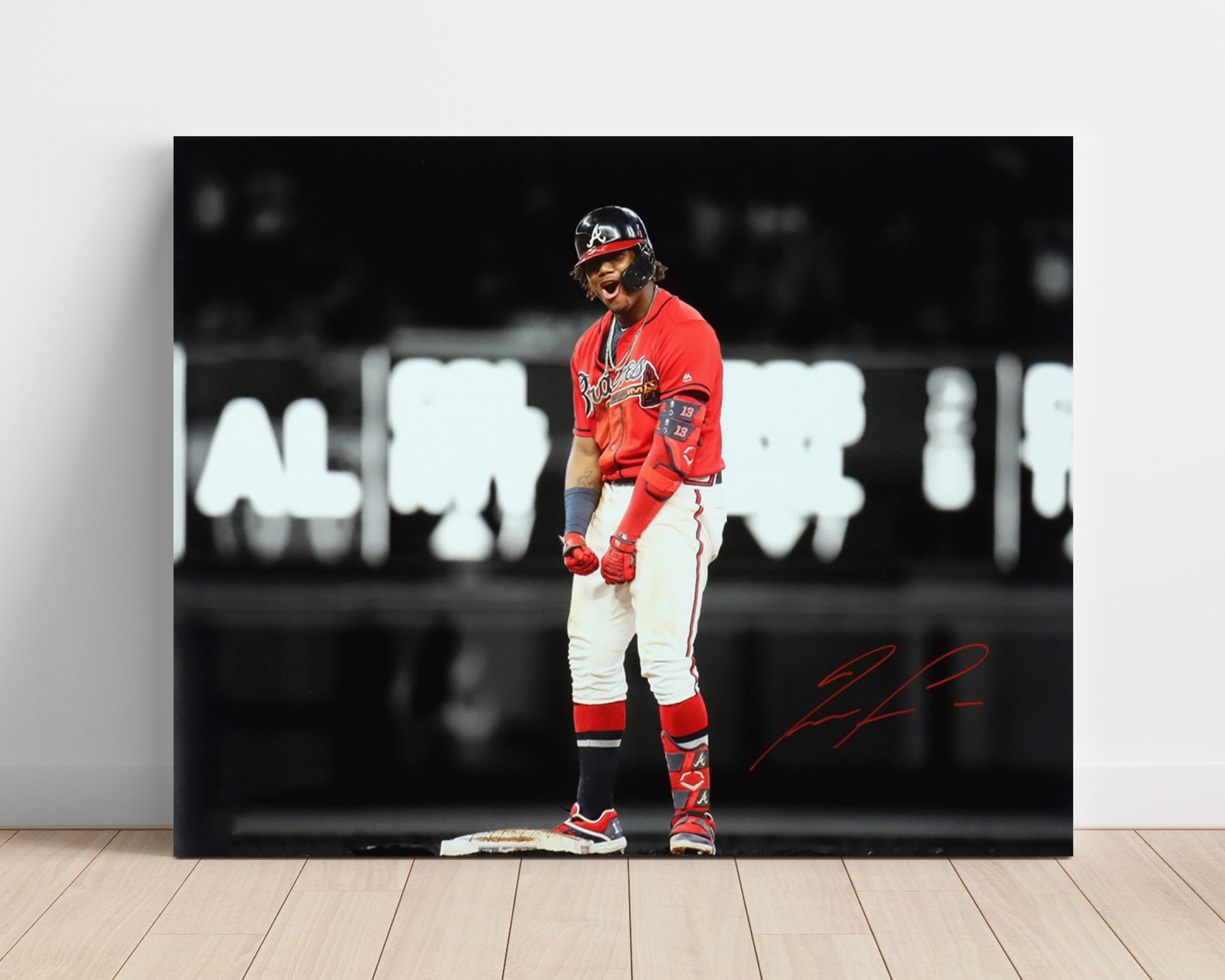 Ronald Acuna Jr - Base Celebration Flex Baseball Wall Art 16x20 Unframed Print wall art print – Baseball Wall Art decor