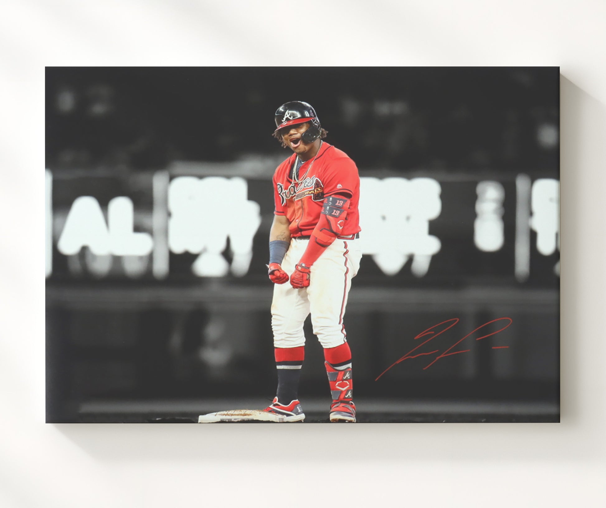 Ronald Acuna Jr - Base Celebration Flex Baseball Wall Art 20x24 Canvas wall art print – Baseball Wall Art decor