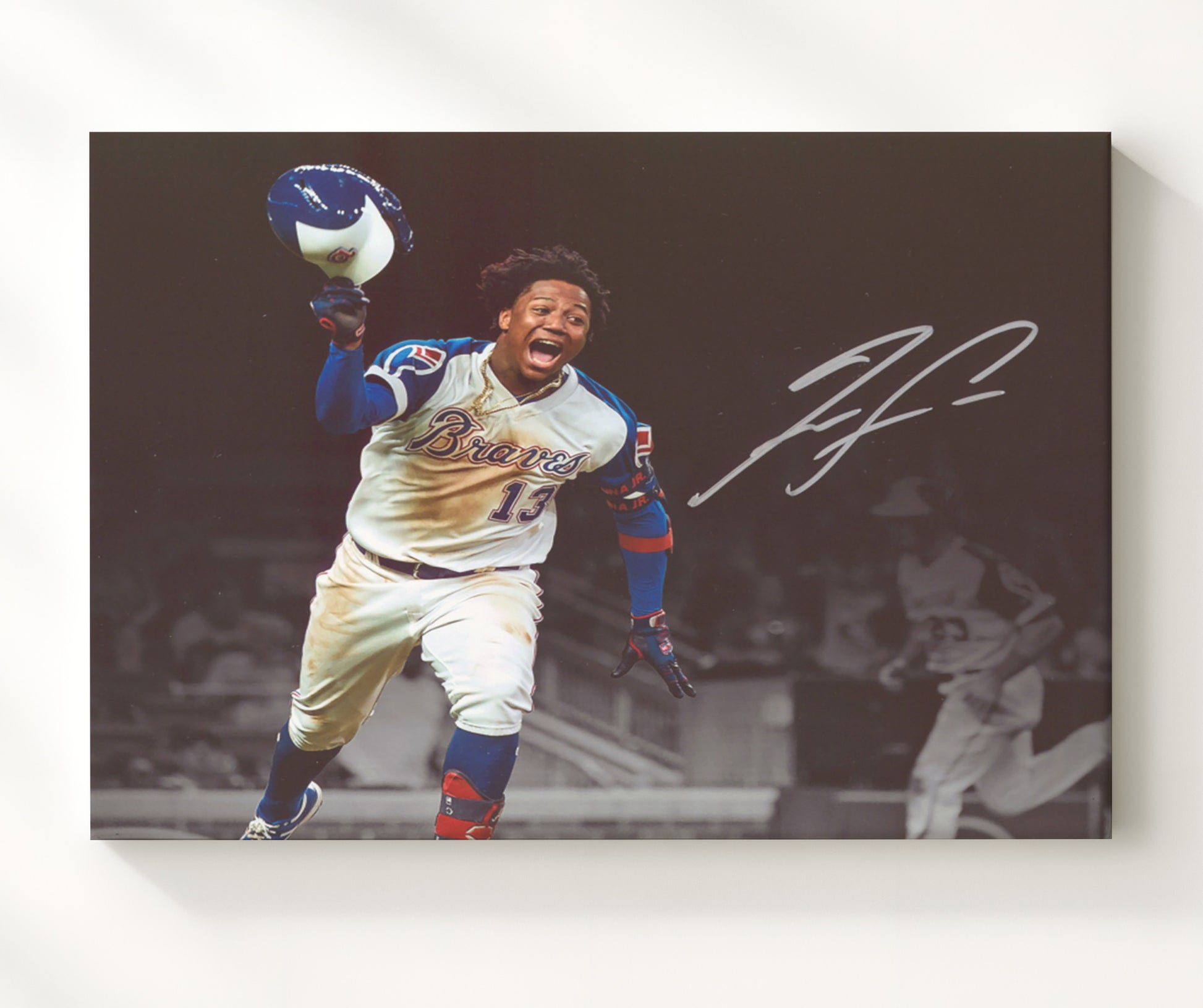 Ronald Acuna Jr - Braves Celebration Spotlight Baseball Wall Art 20x24 Canvas wall art print – Baseball Wall Art decor