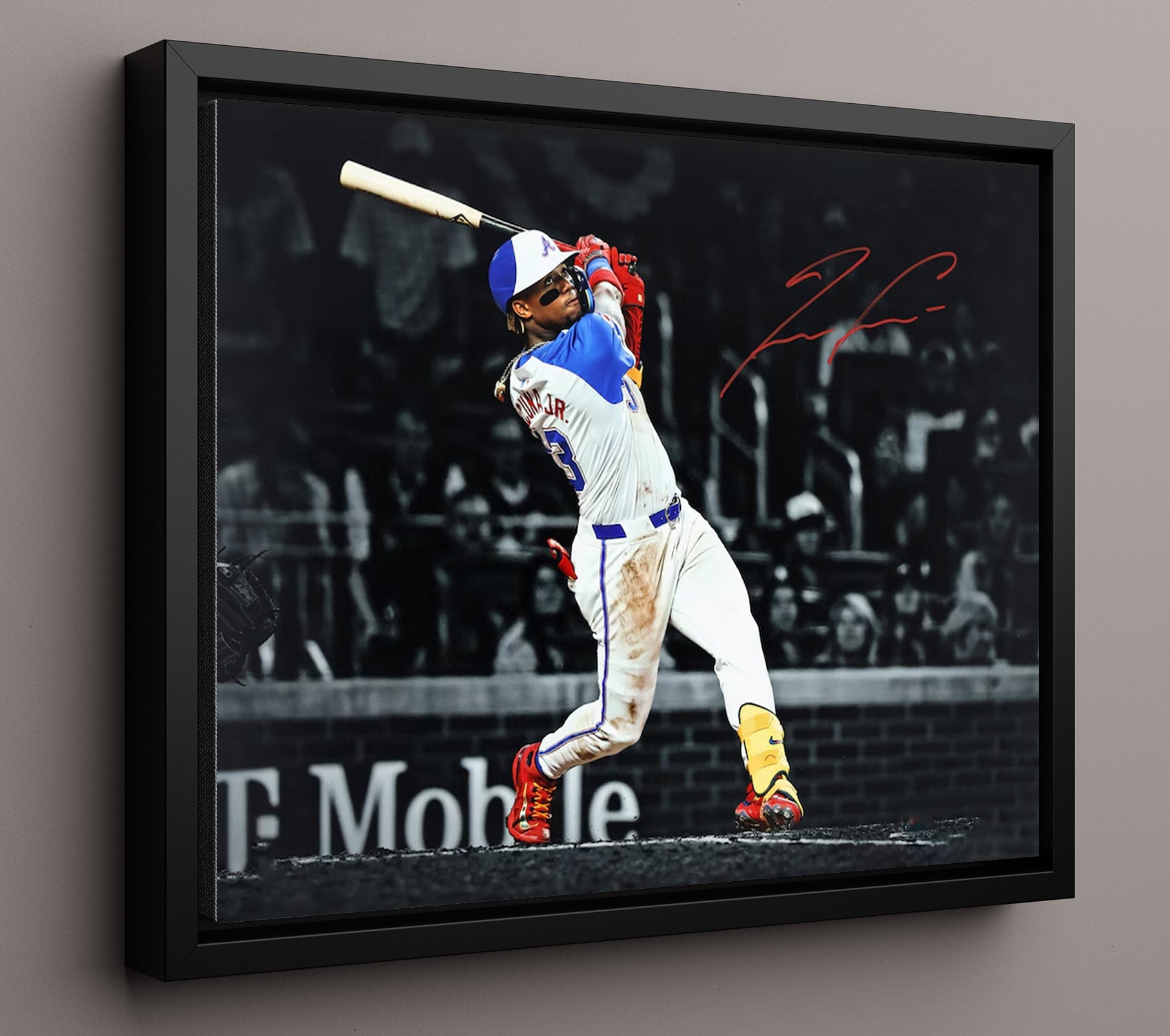 Ronald Acuna Jr - Full Swing Follow Through Baseball Wall Art 16x20 Framed Canvas wall art print – Baseball Wall Art decor