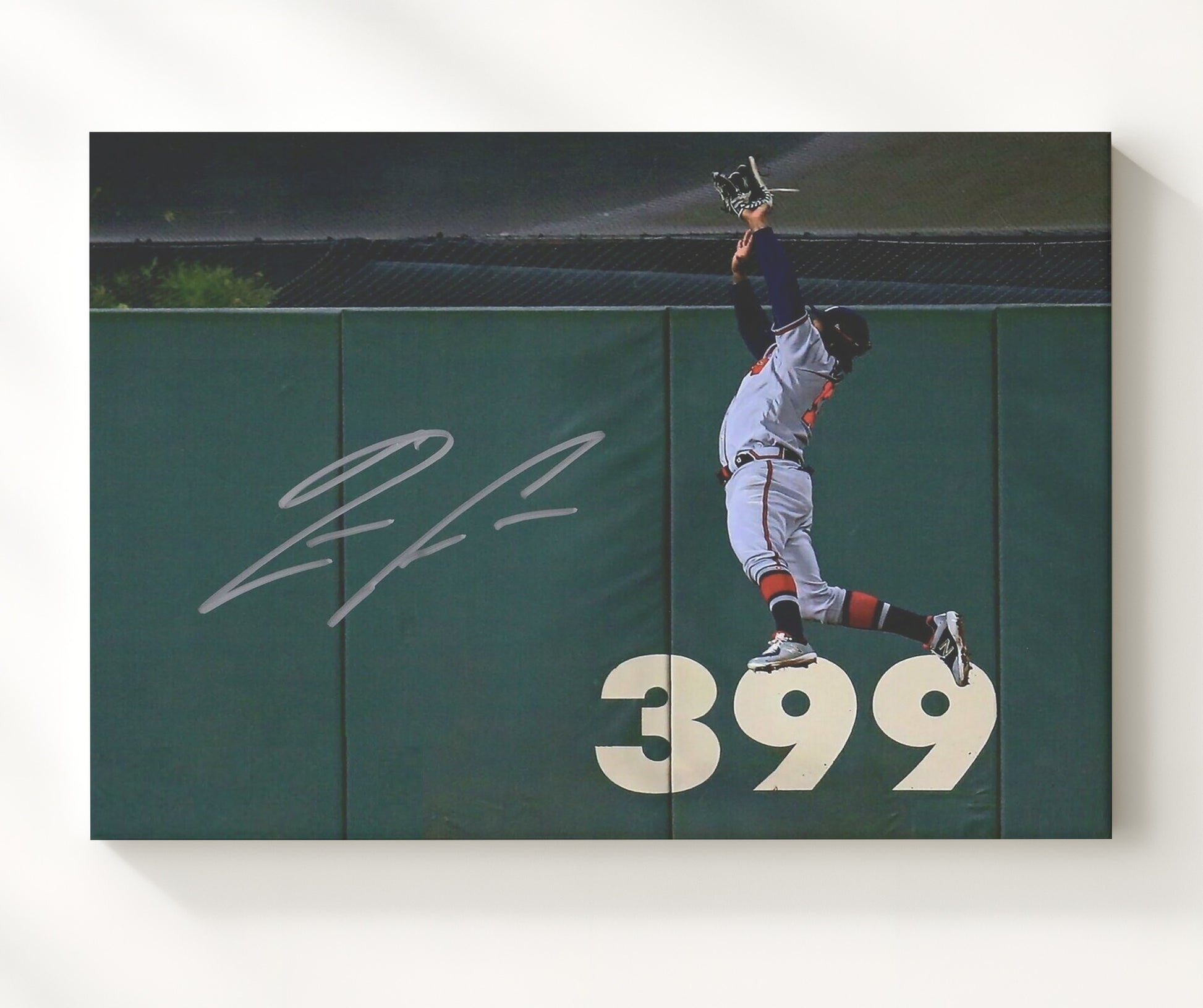 Ronald Acuna Jr - Leaping Wall Catch Baseball Wall Art 20x24 Canvas wall art print – Baseball Wall Art decor