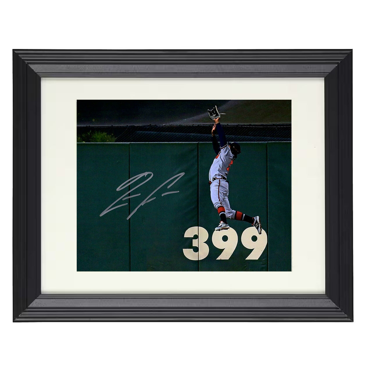 Ronald Acuna Jr - Leaping Wall Catch 8x10 black beveled framed baseball wall art