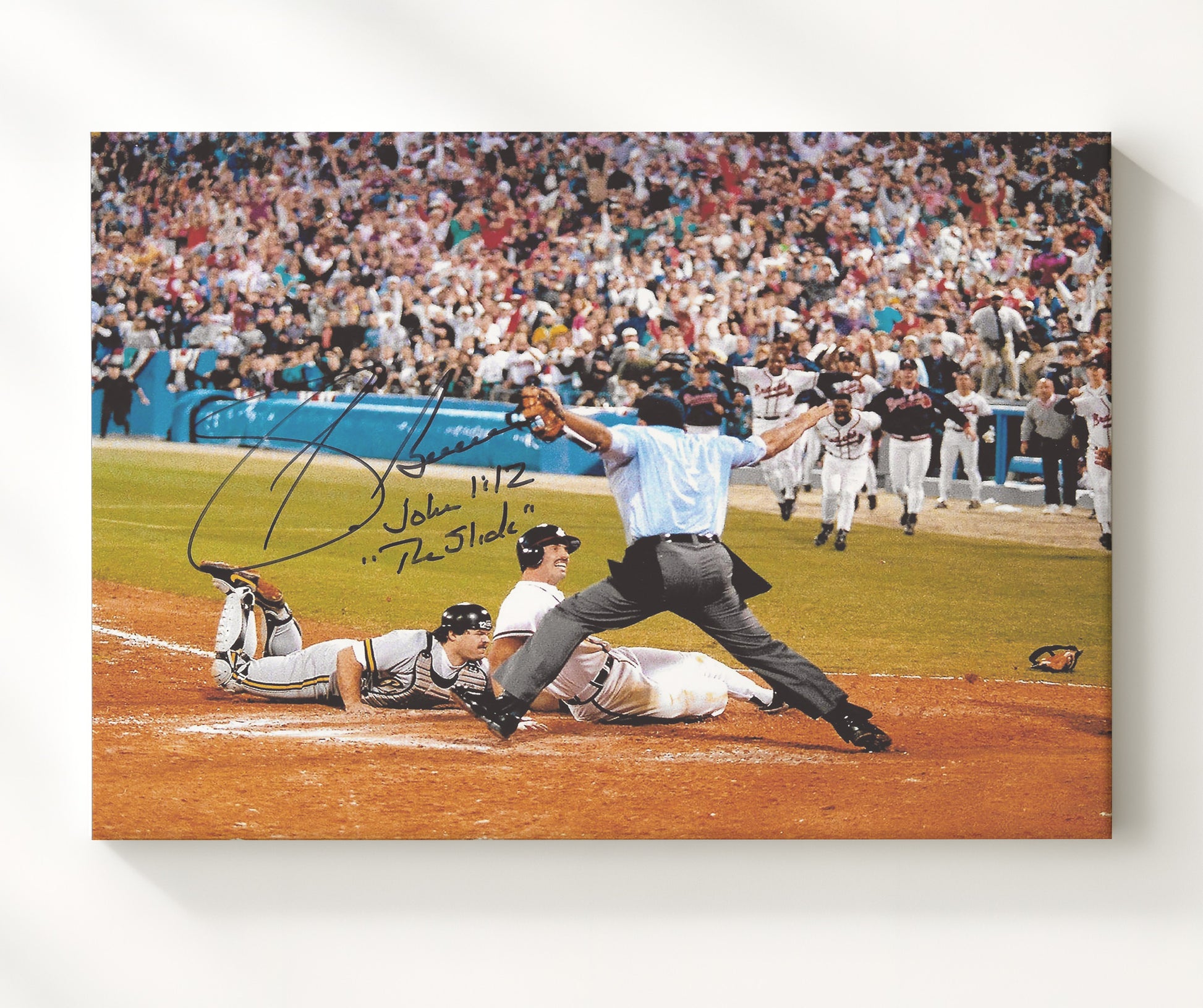 Sid Bream - The Slide Safe at Home Baseball Wall Art 20x24 Canvas wall art print – Baseball Wall Art decor