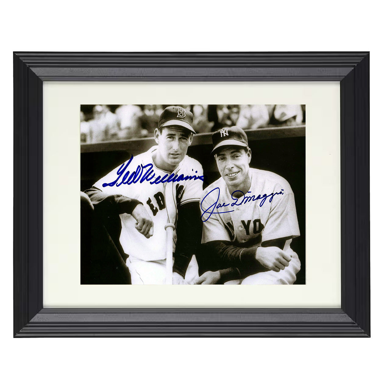 Ted Williams and Joe DiMaggio - Dugout Landscape 8x10 black beveled framed baseball wall art