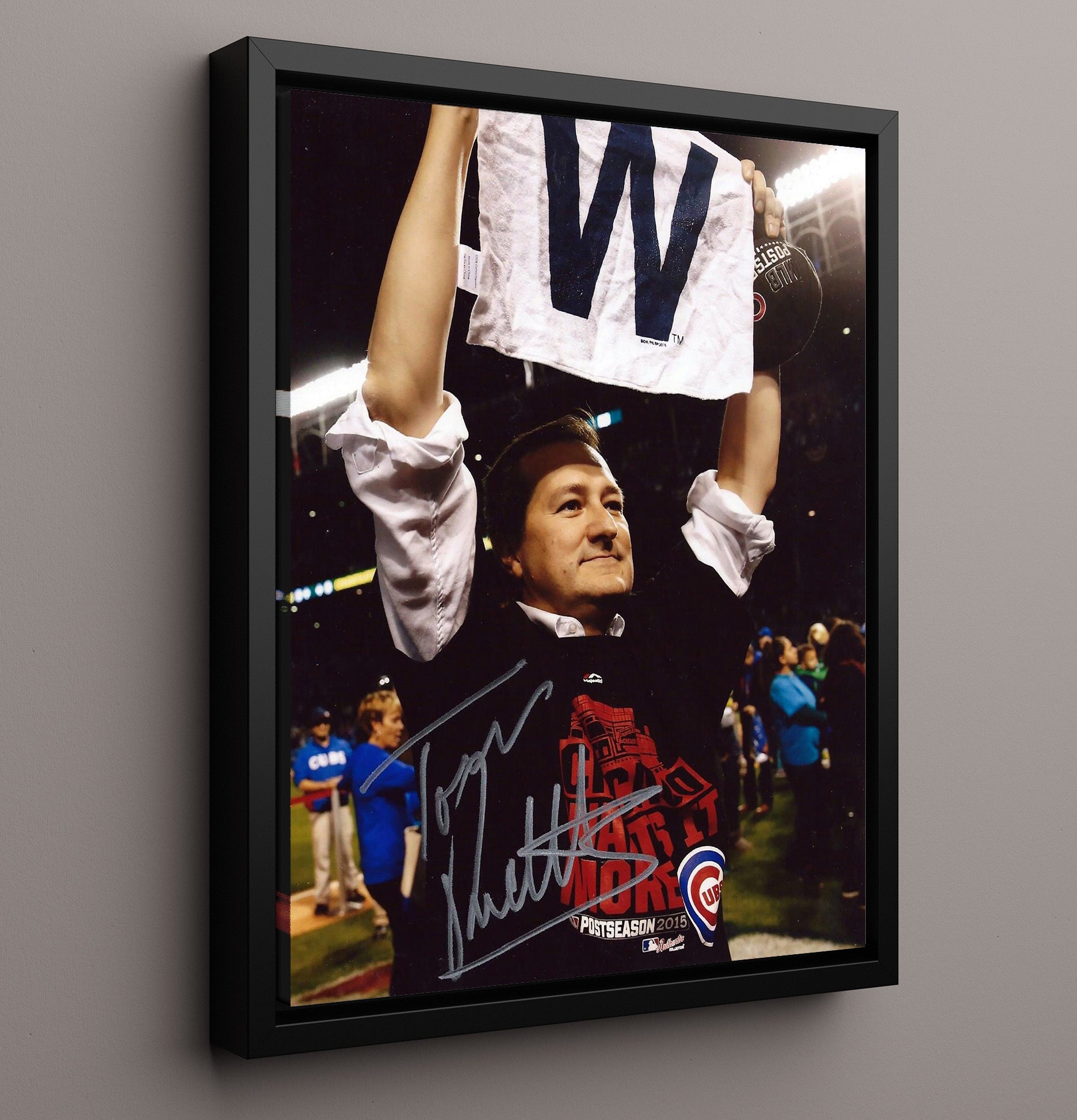 Tom Ricketts - Cubs 2015 W Flag Celebration Signed Baseball Wall Art 16x20 Framed Canvas wall art print – Baseball Wall Art decor