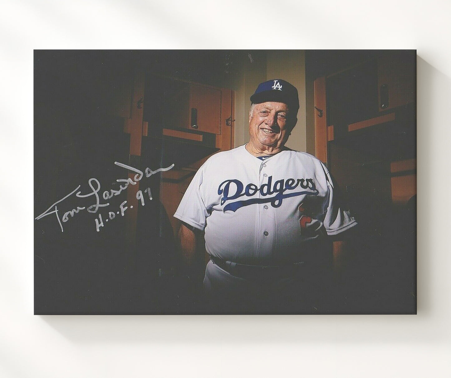 Tommy Lasorda - Locker Room Spotlight Landscape Baseball Wall Art 20x24 Canvas wall art print – Baseball Wall Art decor