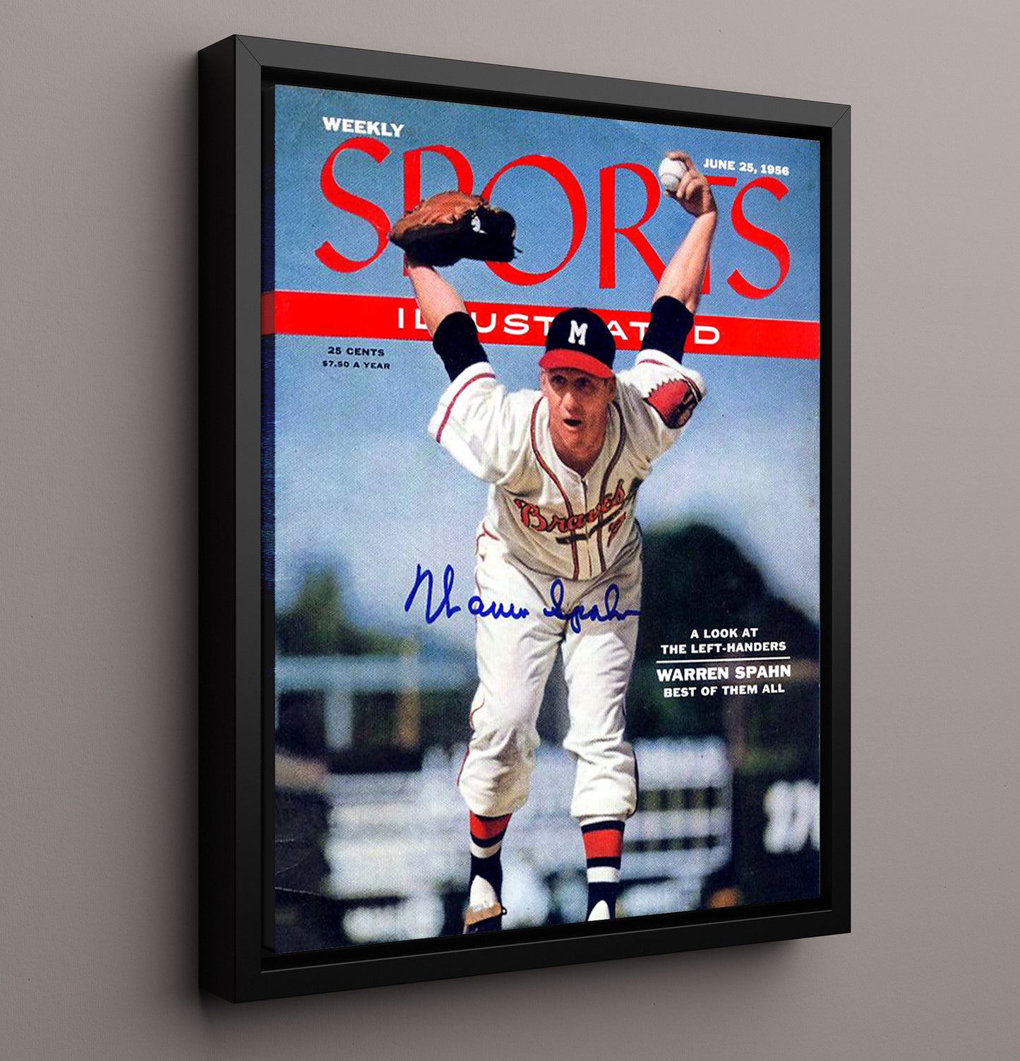 Warren Spahn - Pitching Windup SI Cover Baseball Wall Art 16x20 Framed Canvas wall art print – Baseball Wall Art decor