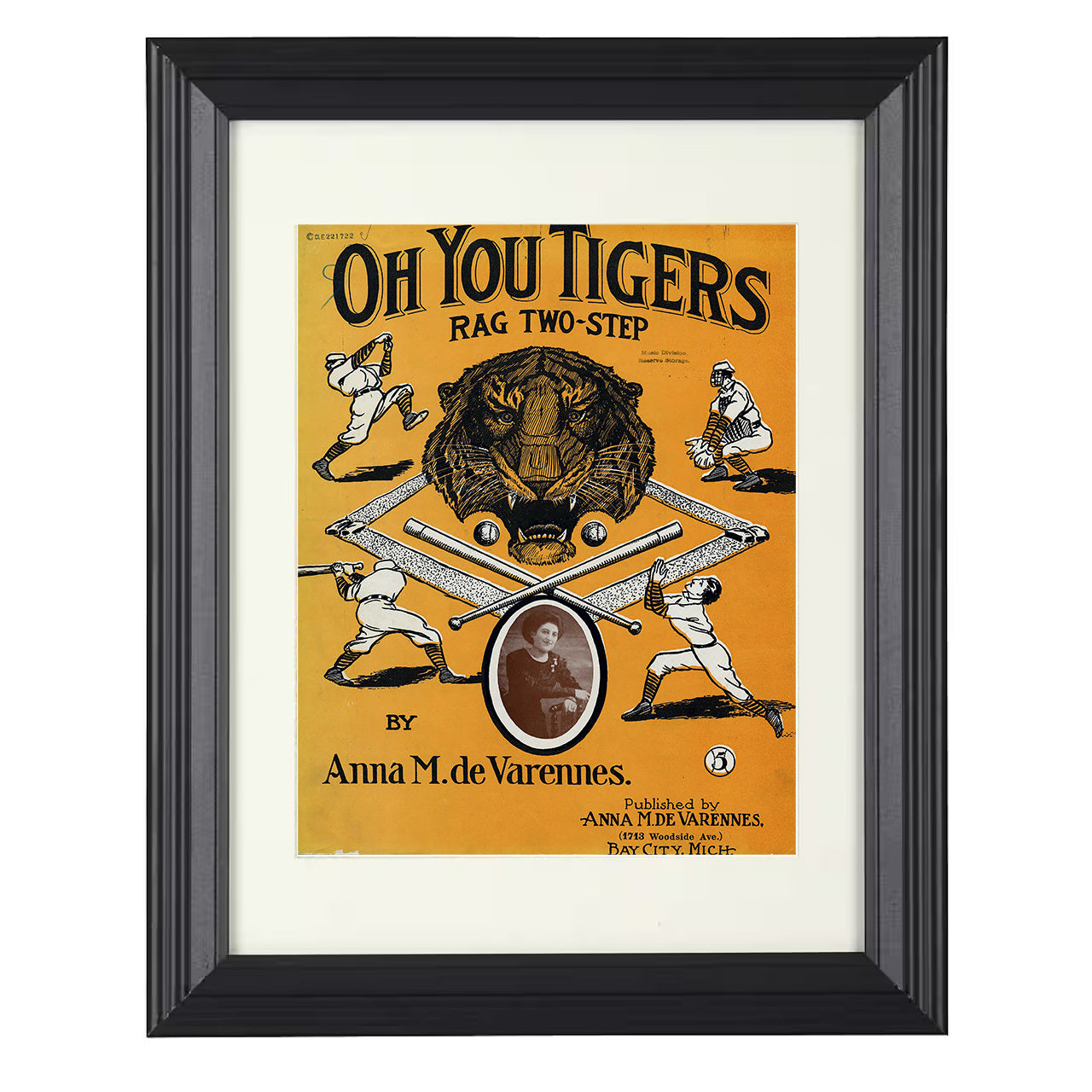 Baseball Poster - Oh You Tigers - Rag Two-Step Sheet Music Cover 8x10 black beveled framed baseball wall art