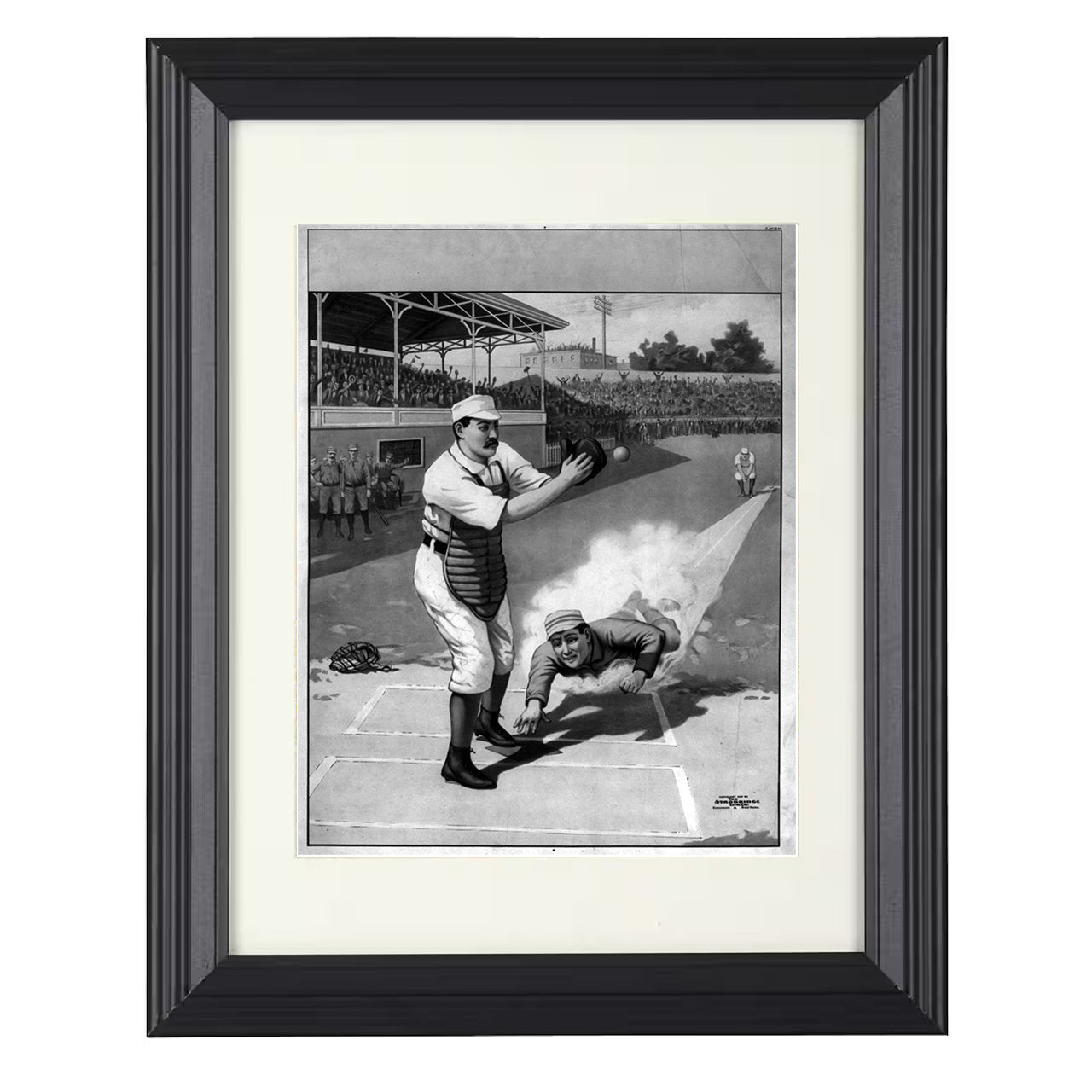 Baseball Poster - Safe at Home - Vintage Baseball Lithograph 8x10 black beveled framed baseball wall art