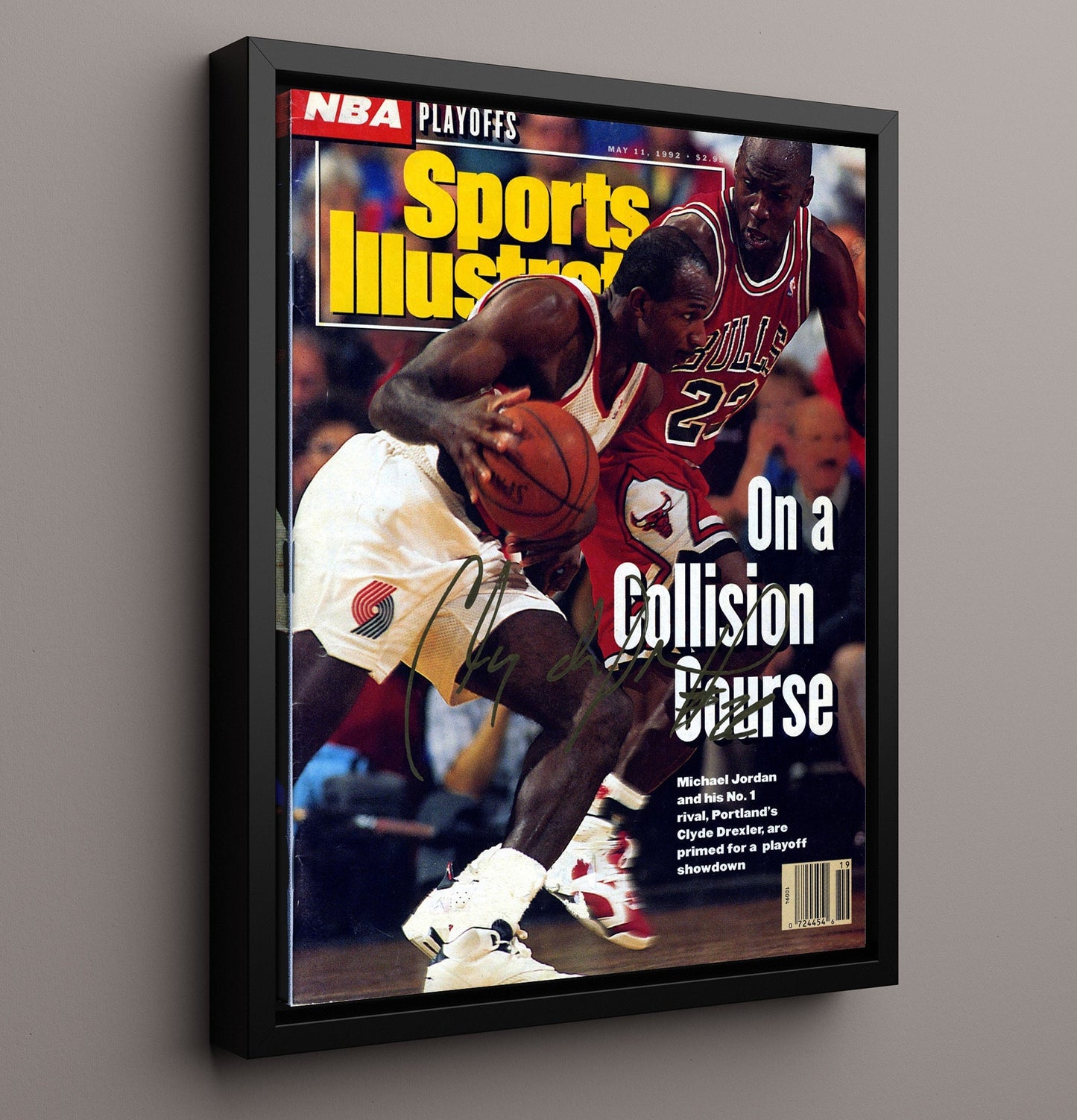 Clyde Drexler Collision Course SI Cover May 1992 basketball print - 16x20 Framed Canvas wall art