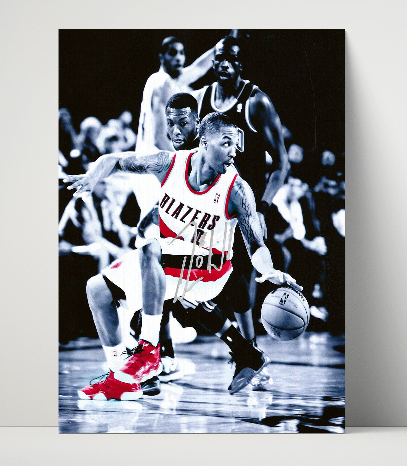 Damian Lillard Blazers Black White Spotlight Dribble basketball print - 16x20 Unframed Print wall art