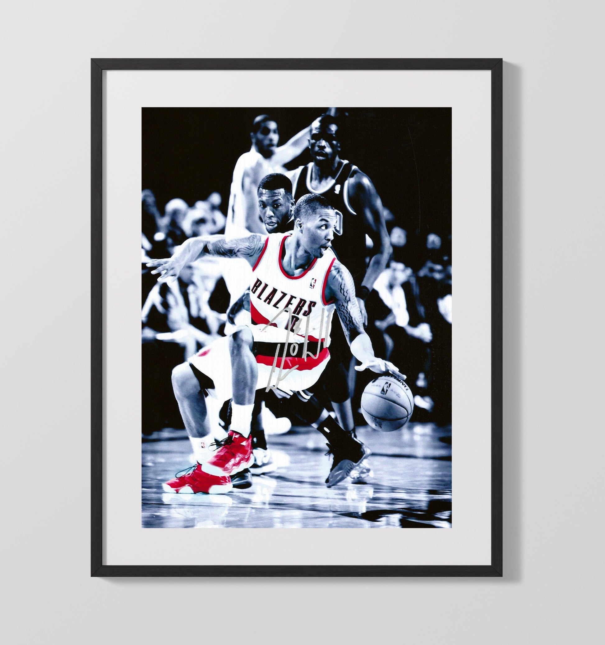 Damian Lillard Blazers Black White Spotlight Dribble basketball print - 16x20 Gallery Frame wall art