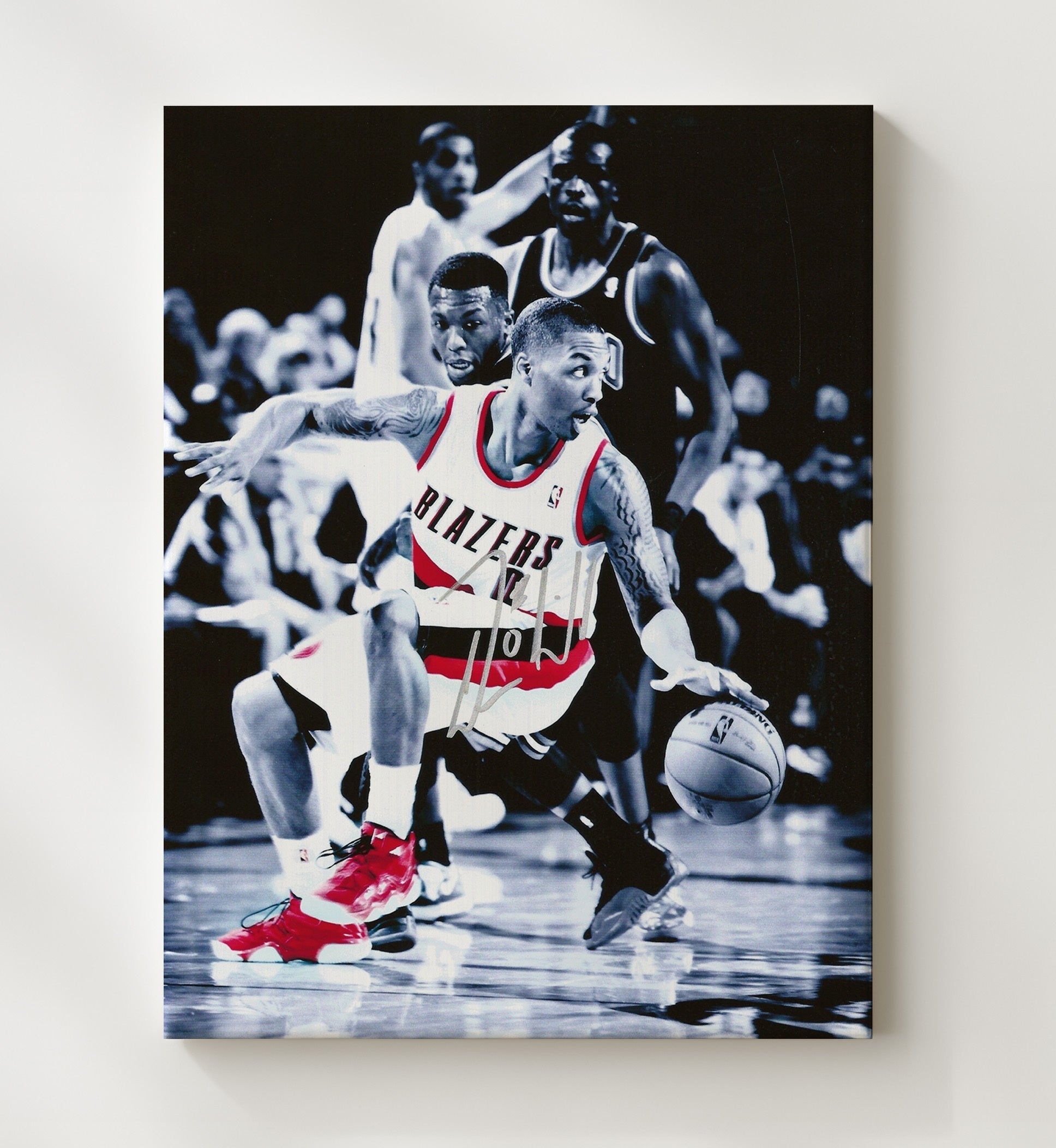 Damian Lillard Blazers Black White Spotlight Dribble basketball print - 20x24 Canvas wall art