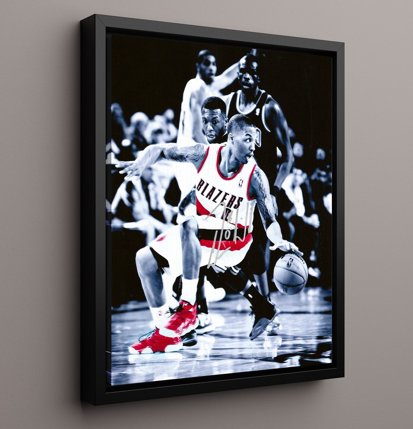 Damian Lillard Blazers Black White Spotlight Dribble basketball print - 16x20 Framed Canvas wall art