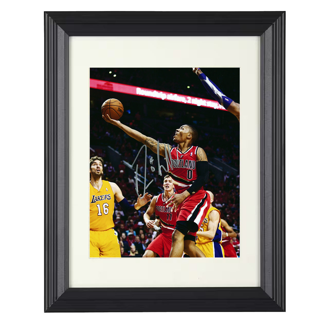 Damian Lillard Blazers Logo Drive to the Rim basketball print - 8x10 Beveled Frame wall art