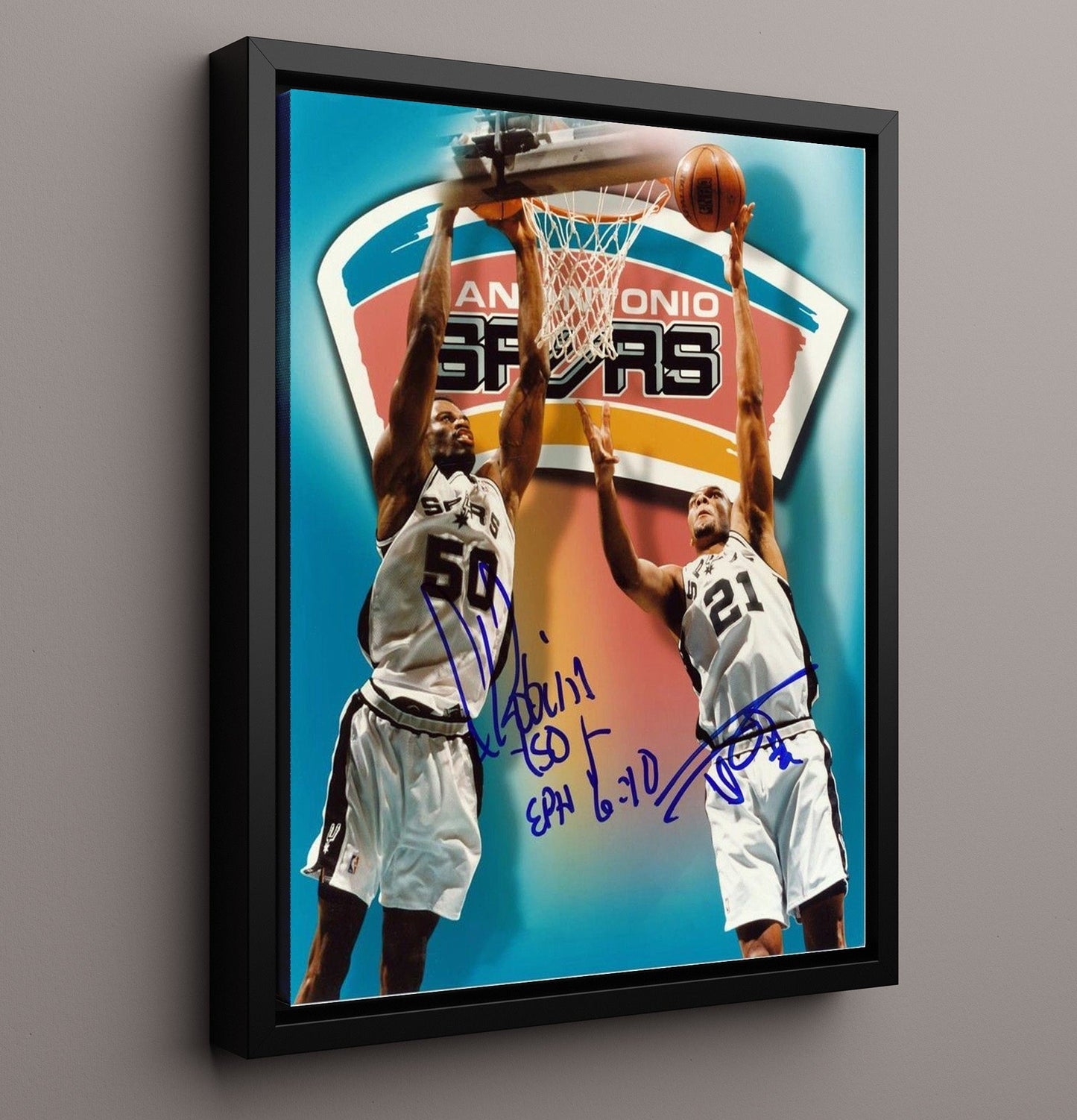 David Robinson and Tim Duncan San Antonio Basketball Twin Towers Rise Spotlight basketball print - 16x20 Framed Canvas wall art