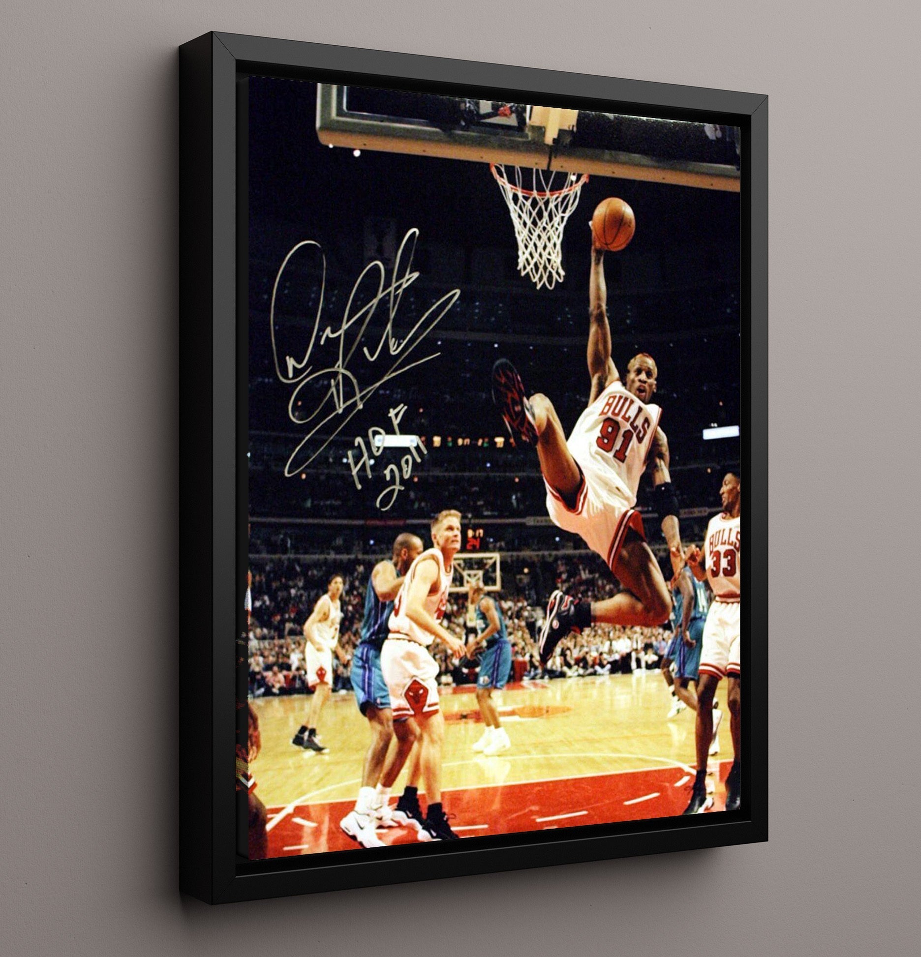 Dennis Rodman Hall of Fame Elevation vs New York basketball print - 16x20 Framed Canvas wall art
