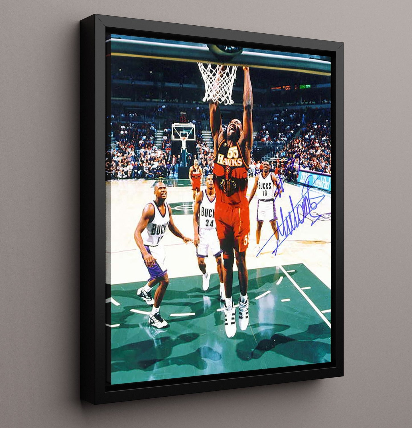 Dikembe Mutombo Atlanta Power Finish Finger Wag Moment basketball print - 16x20 Framed Canvas wall art