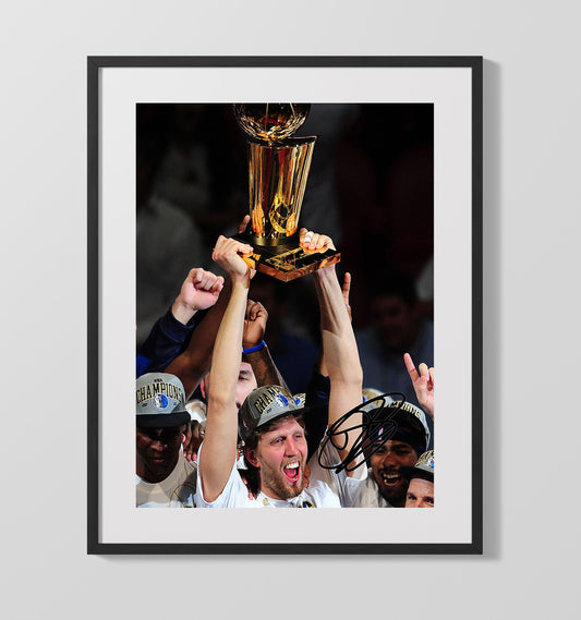 Dirk Nowitzki Dallas Finals Trophy Triumph basketball print - 16x20 Gallery Frame wall art