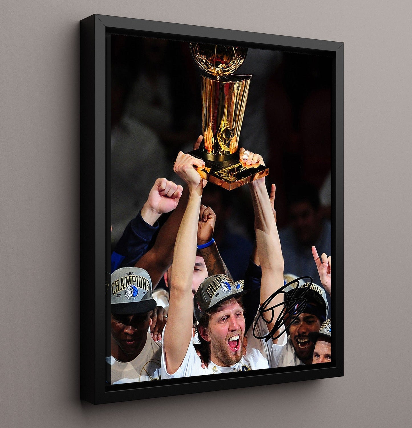 Dirk Nowitzki Dallas Finals Trophy Triumph basketball print - 16x20 Framed Canvas wall art