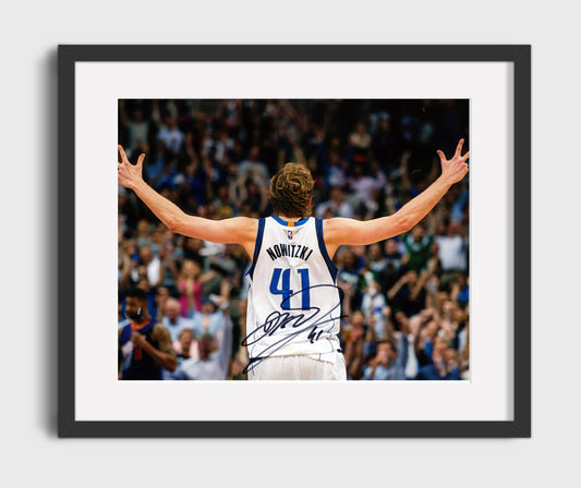 Dirk Nowitzki Mavericks Arms Raised Celebration basketball print - 16x20 Gallery Frame wall art