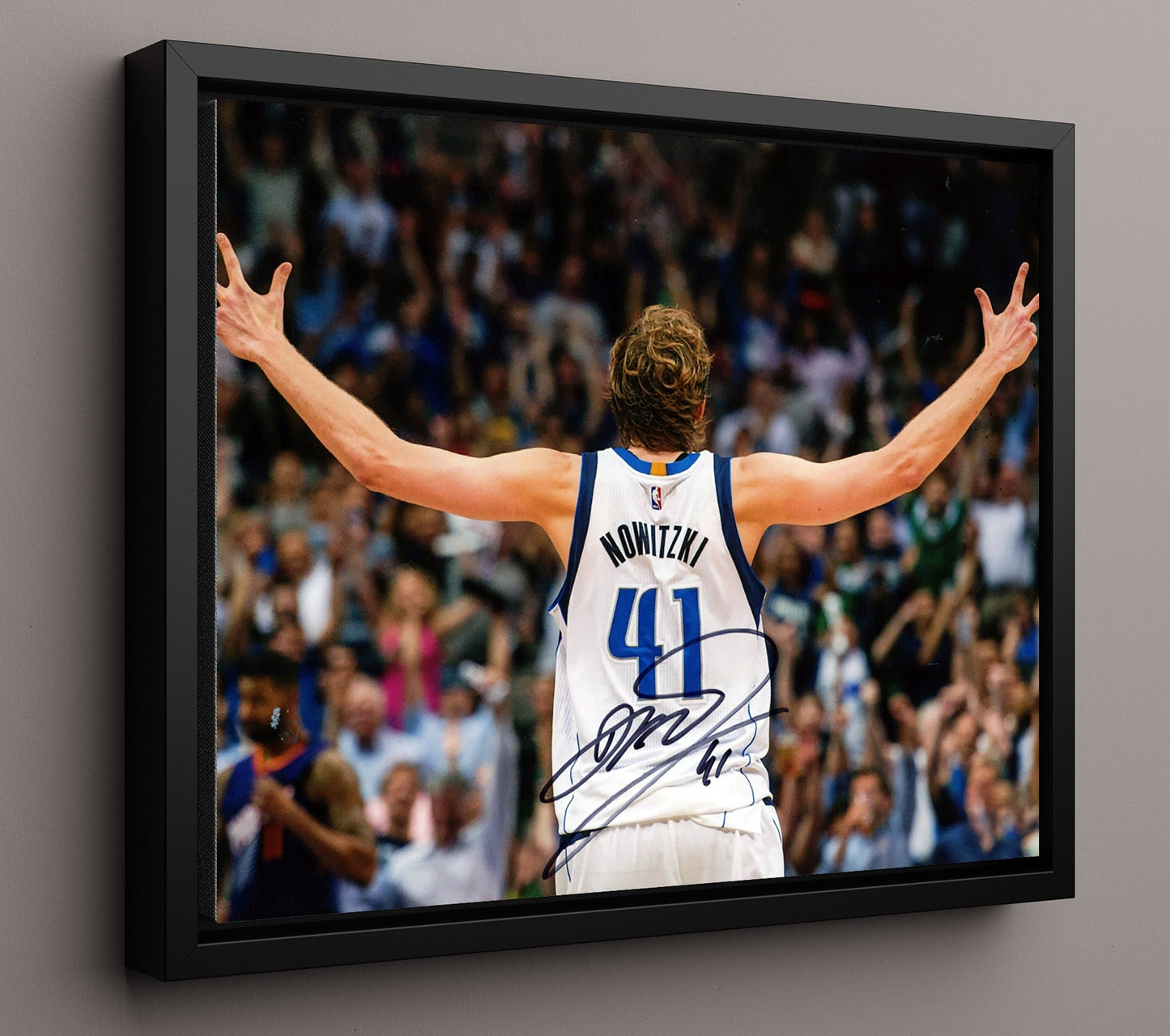 Dirk Nowitzki Mavericks Arms Raised Celebration basketball print - 16x20 Framed Canvas wall art