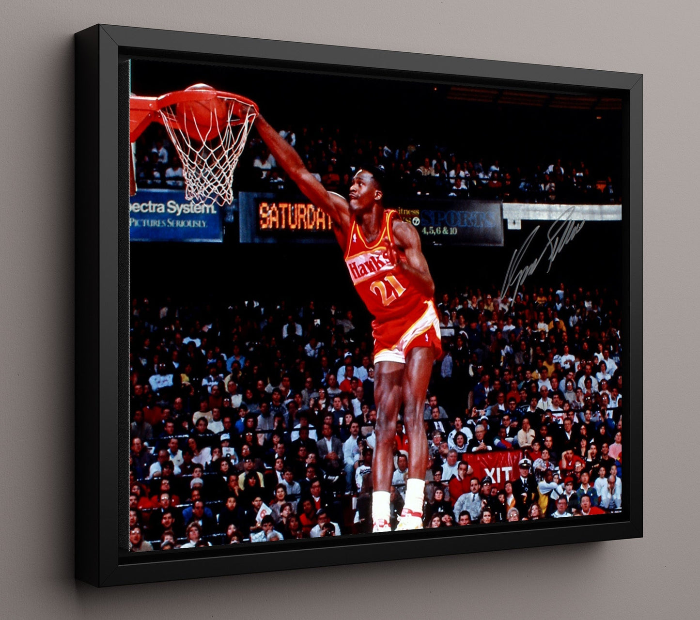Dominique Wilkins Hawks High Flying Dunk basketball print - 16x20 Framed Canvas wall art