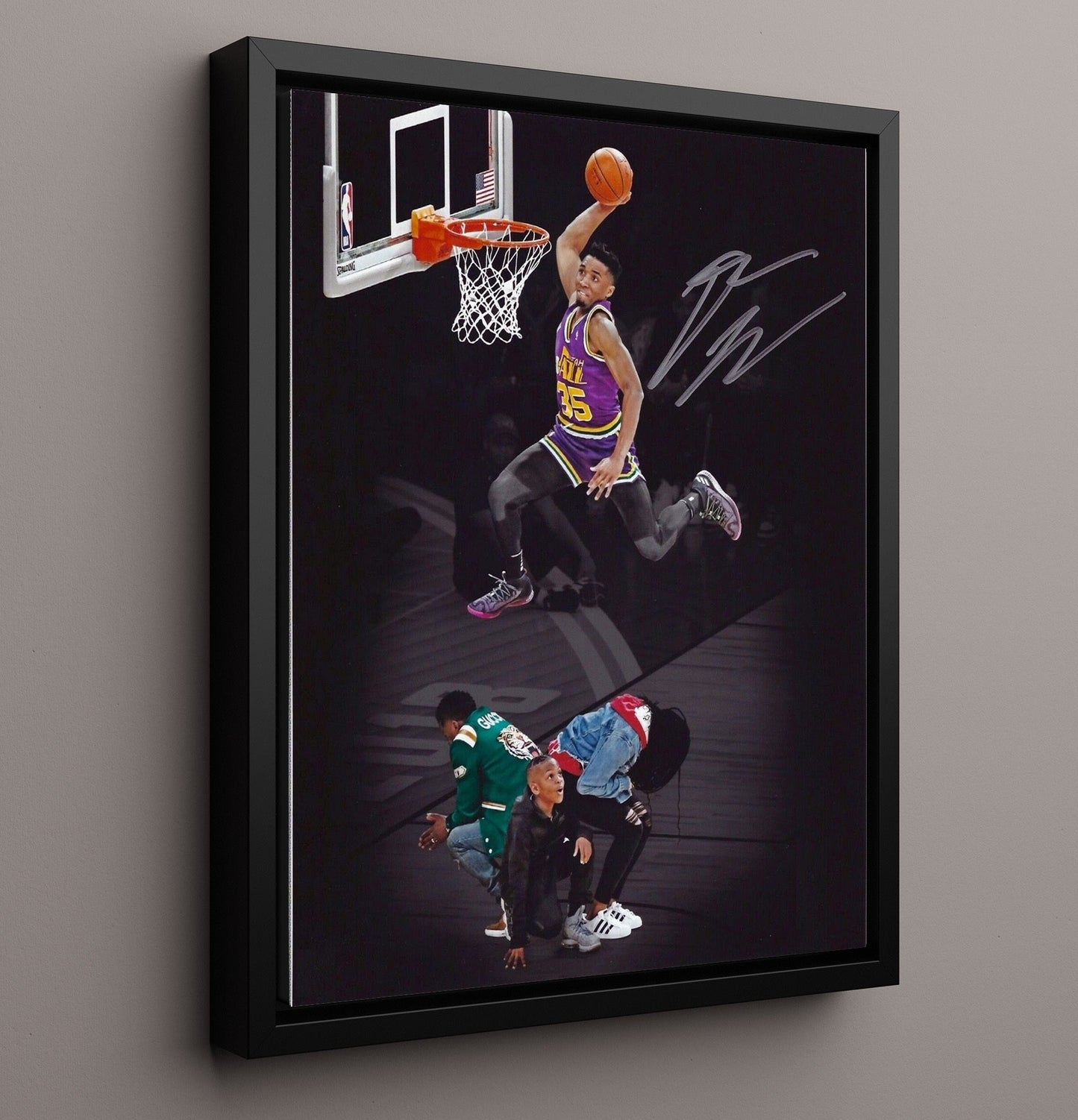 Donovan Mitchell High Rise Power Dunk Spotlight Basketball Wall Art 16x20 Framed Canvas basketball wall art print