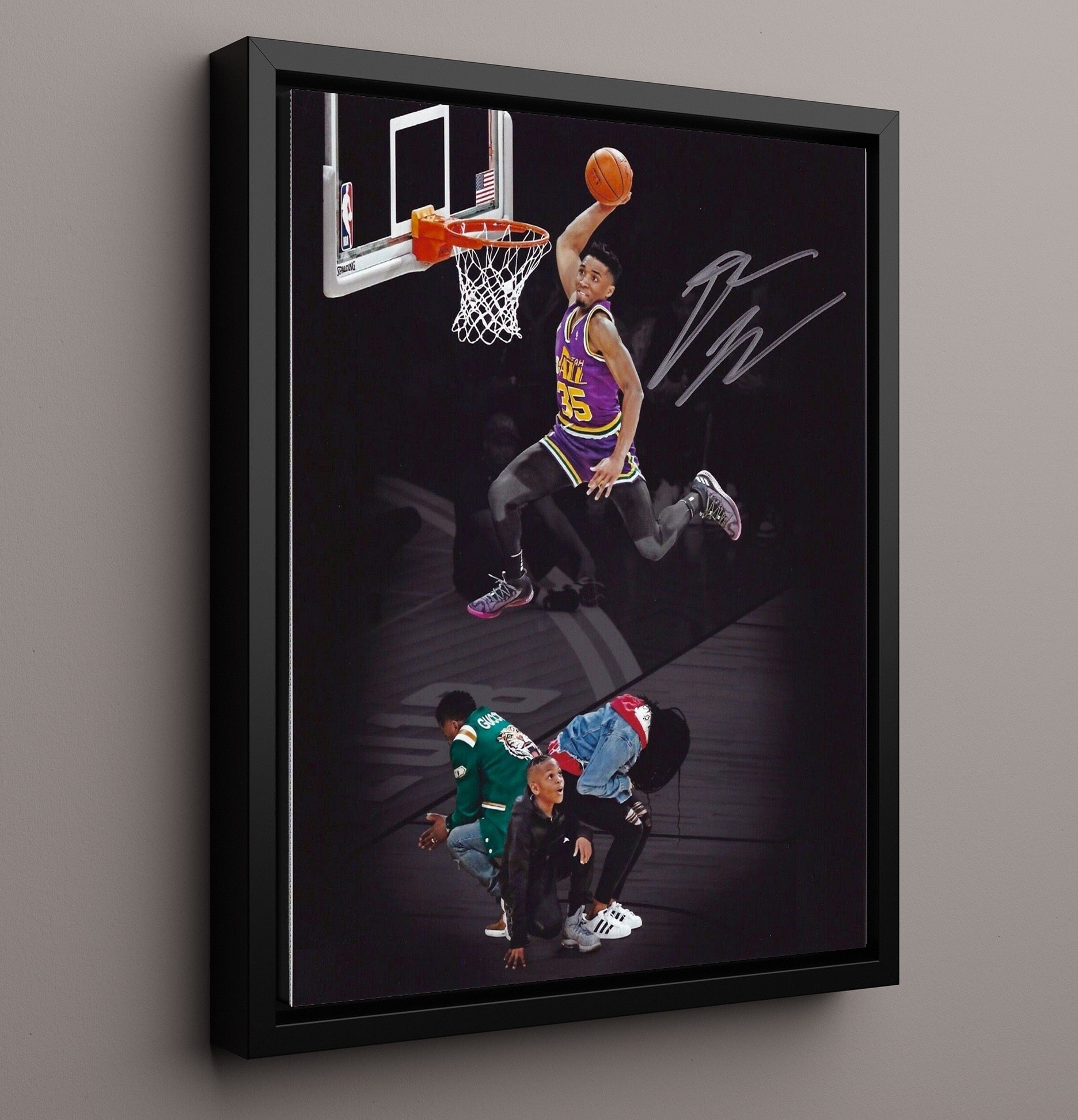 Donovan Mitchell High Rise Power Dunk Spotlight Basketball Wall Art 16x20 Framed Canvas basketball wall art print