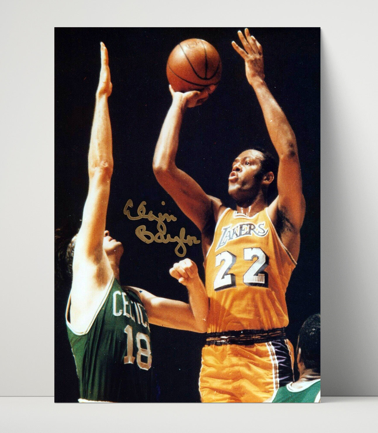 Elgin Baylor Lakers Elevation Over Boston Defender basketball print - 16x20 Unframed Print wall art