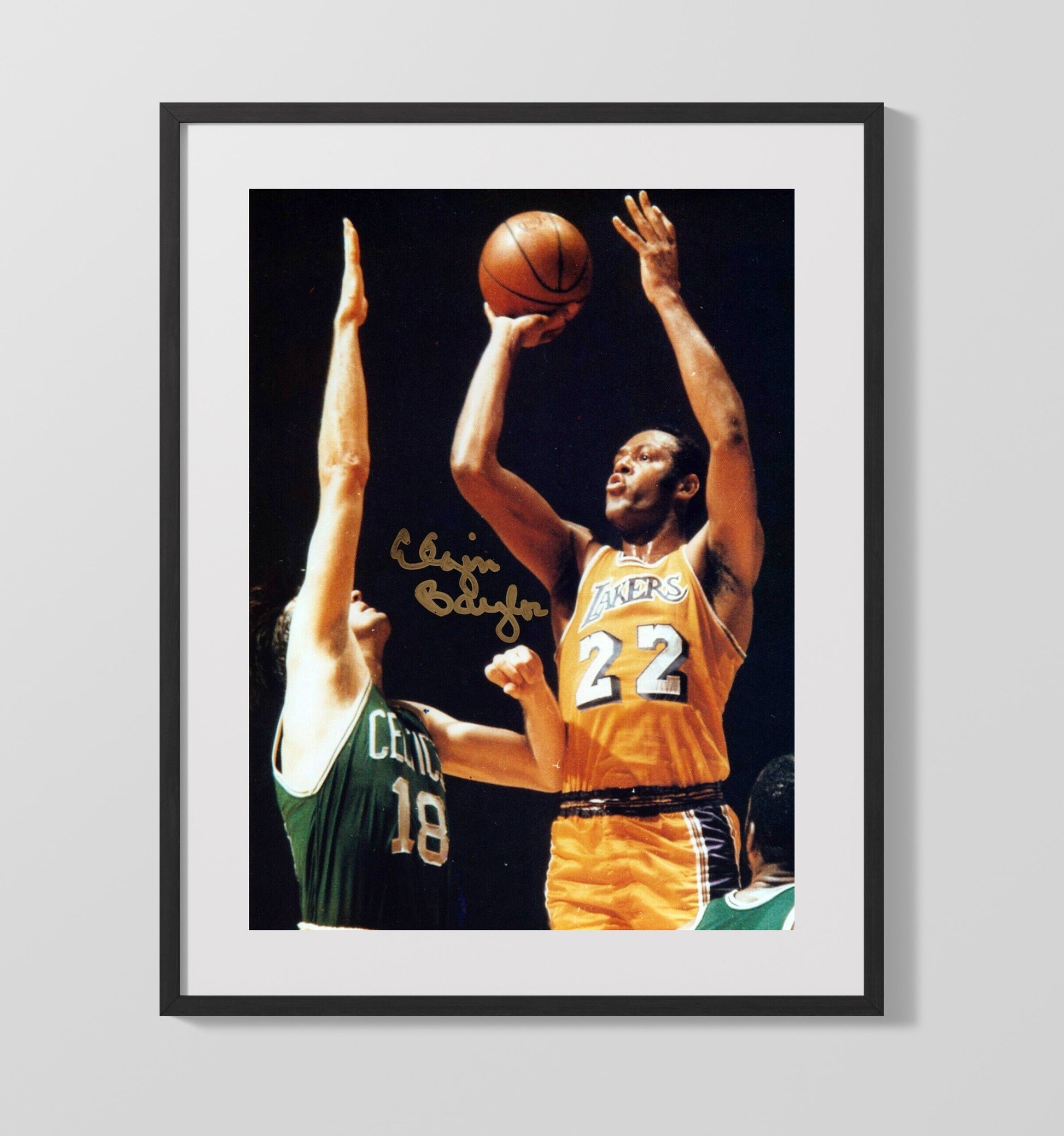 Elgin Baylor Lakers Elevation Over Boston Defender Basketball Wall Art 16x20 Gallery Frame basketball wall art print