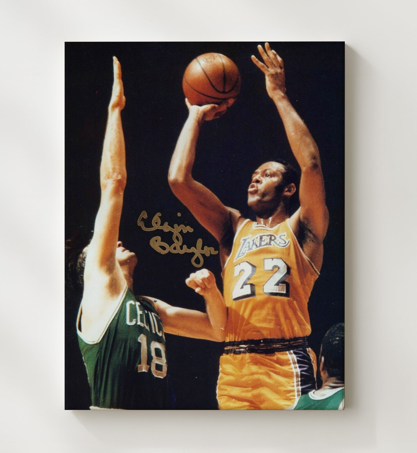 Elgin Baylor Lakers Elevation Over Boston Defender Basketball Wall Art 20x24 Canvas basketball wall art print