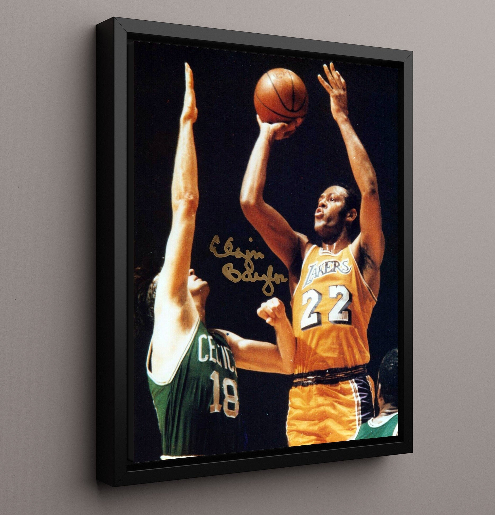 Elgin Baylor Lakers Elevation Over Boston Defender basketball print - 16x20 Framed Canvas wall art