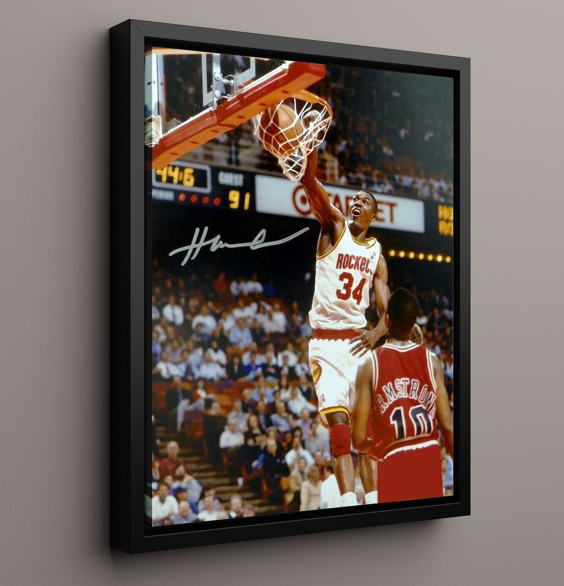 Hakeem Olajuwon Houston Dream Shake Rim Assault basketball print - 16x20 Framed Canvas wall art