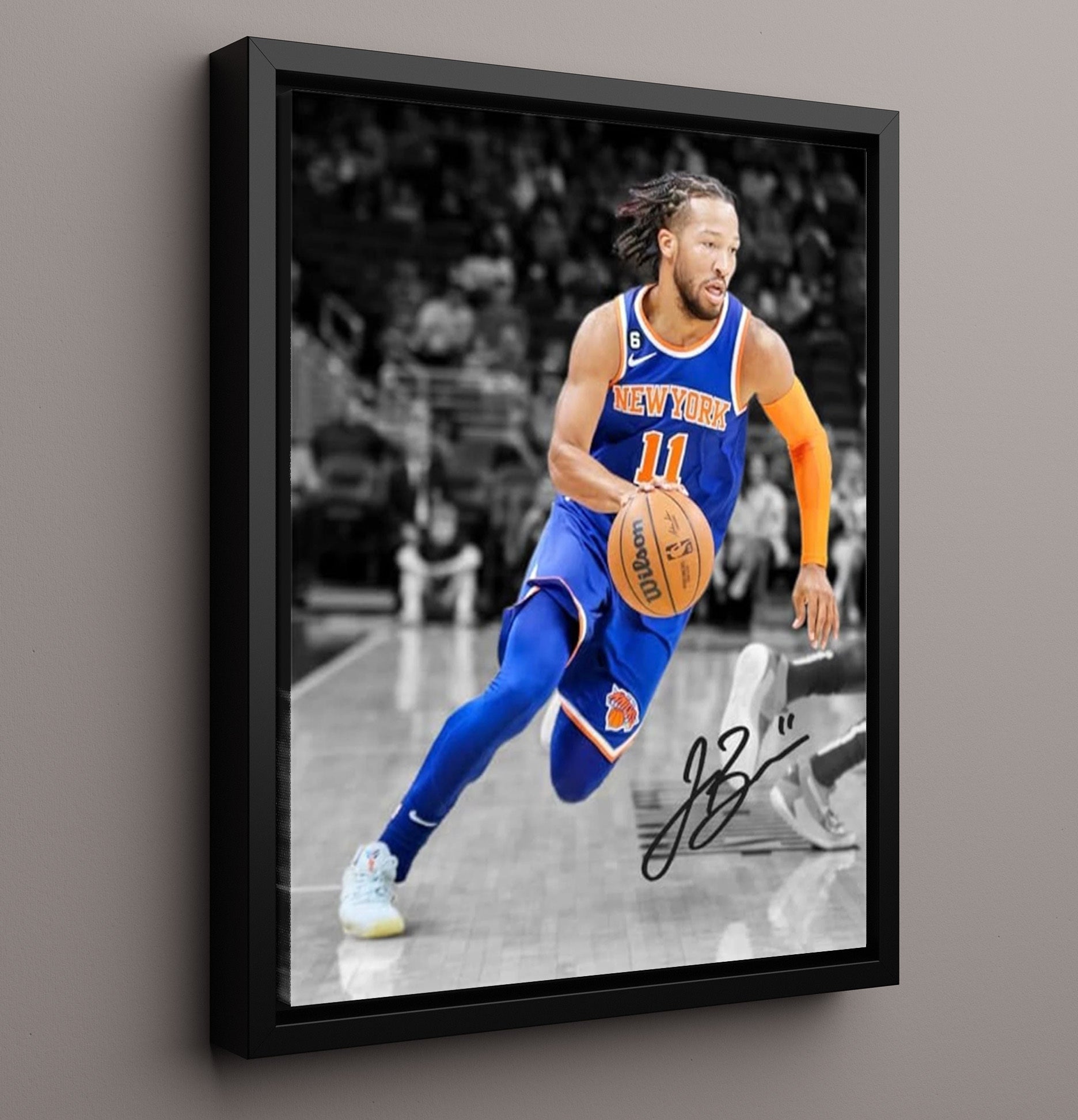 Jalen Brunson Running Toward History Basketball Wall Art 16x20 Framed Canvas basketball wall art print