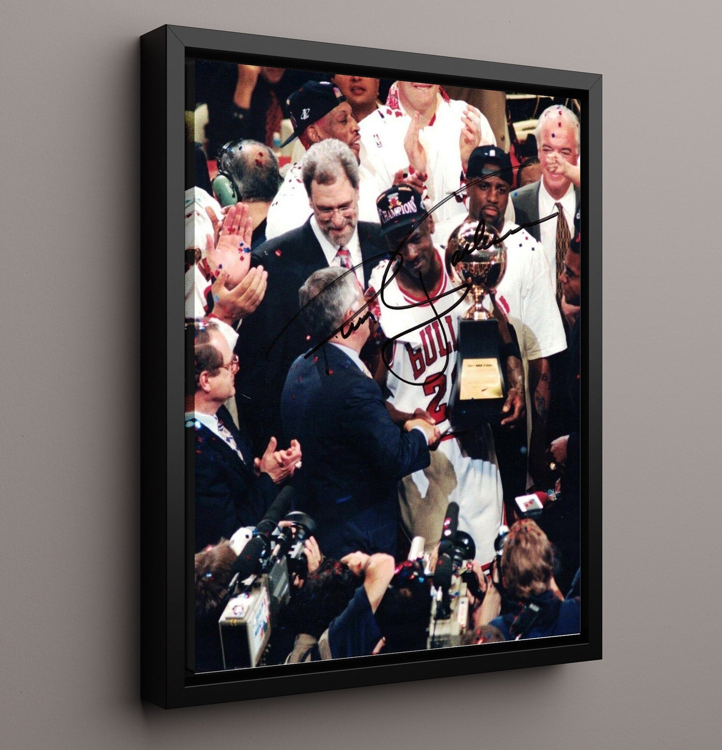 Jordan Chicago Basketball Championship Trophy Presentation basketball print - 16x20 Framed Canvas wall art