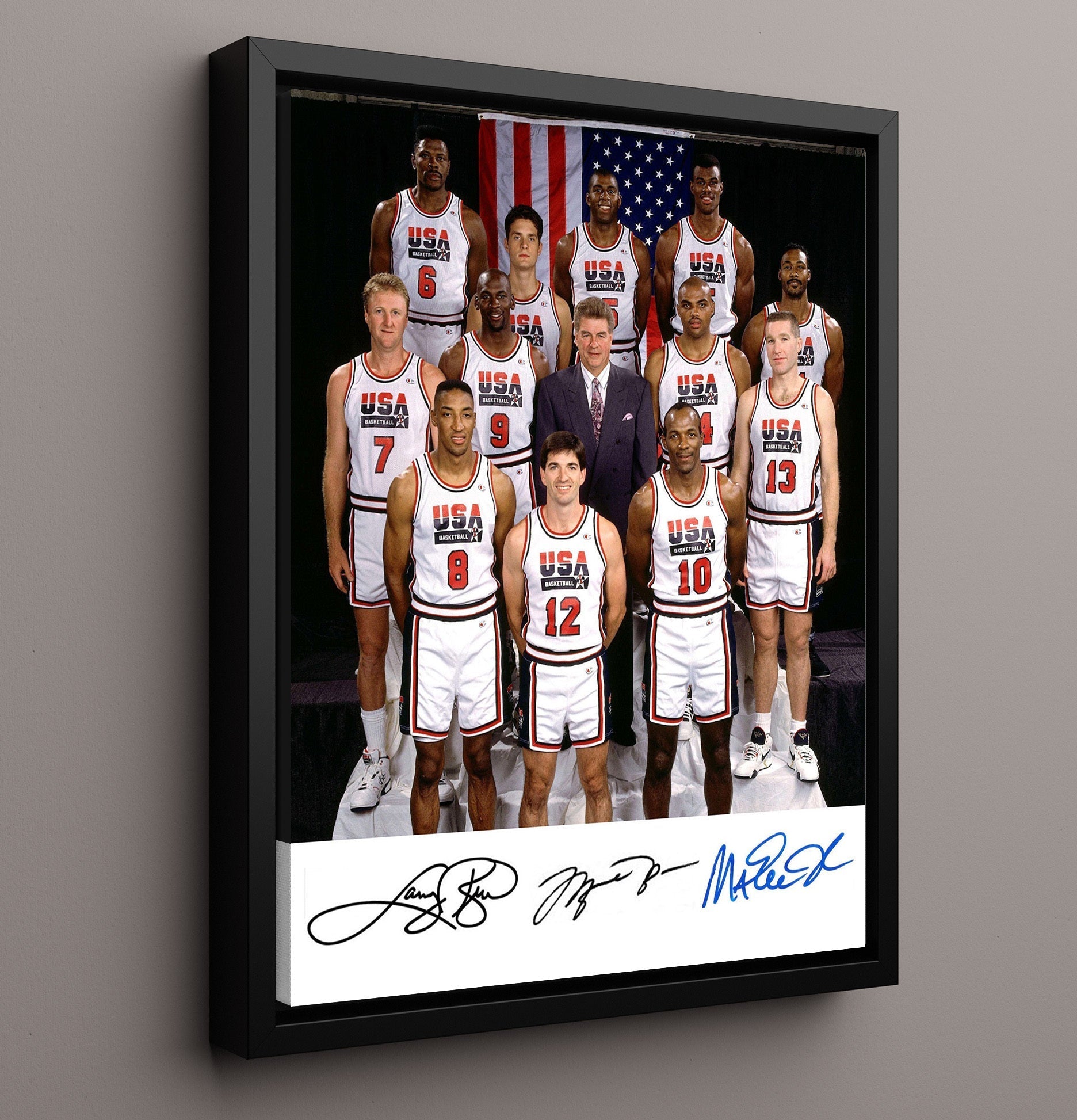 Jordan Dream Team with Bird and Magic 1992 SI Portrait Basketball Wall Art 16x20 Framed Canvas basketball wall art print