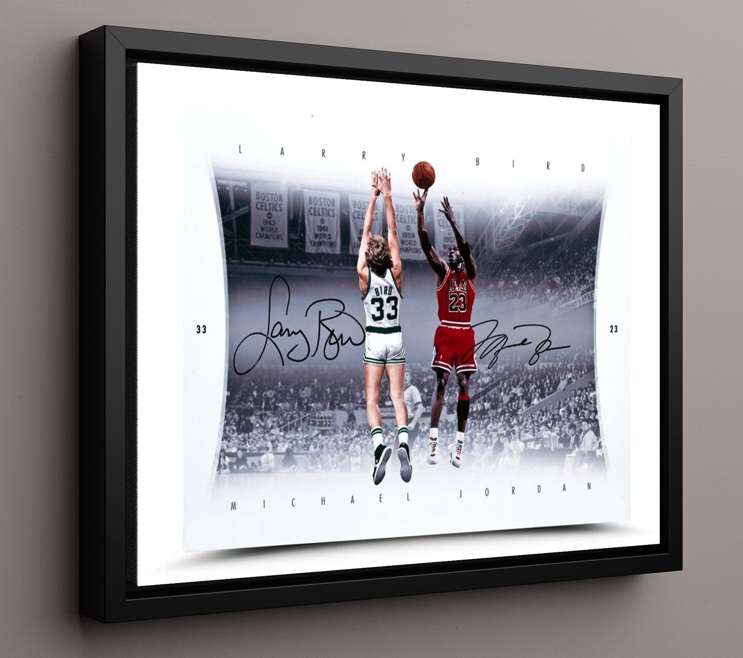 Jordan vs Bird Elevated Duel Basketball Wall Art 16x20 Framed Canvas basketball wall art print
