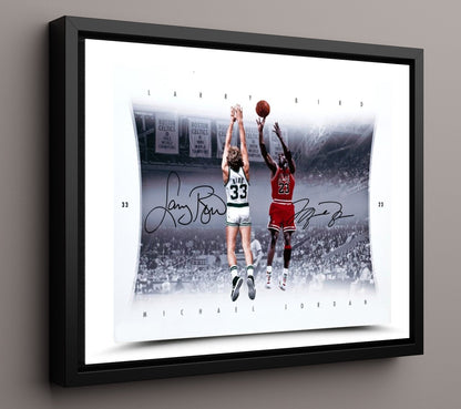 Jordan vs Bird Elevated Duel Basketball Wall Art 16x20 Framed Canvas basketball wall art print