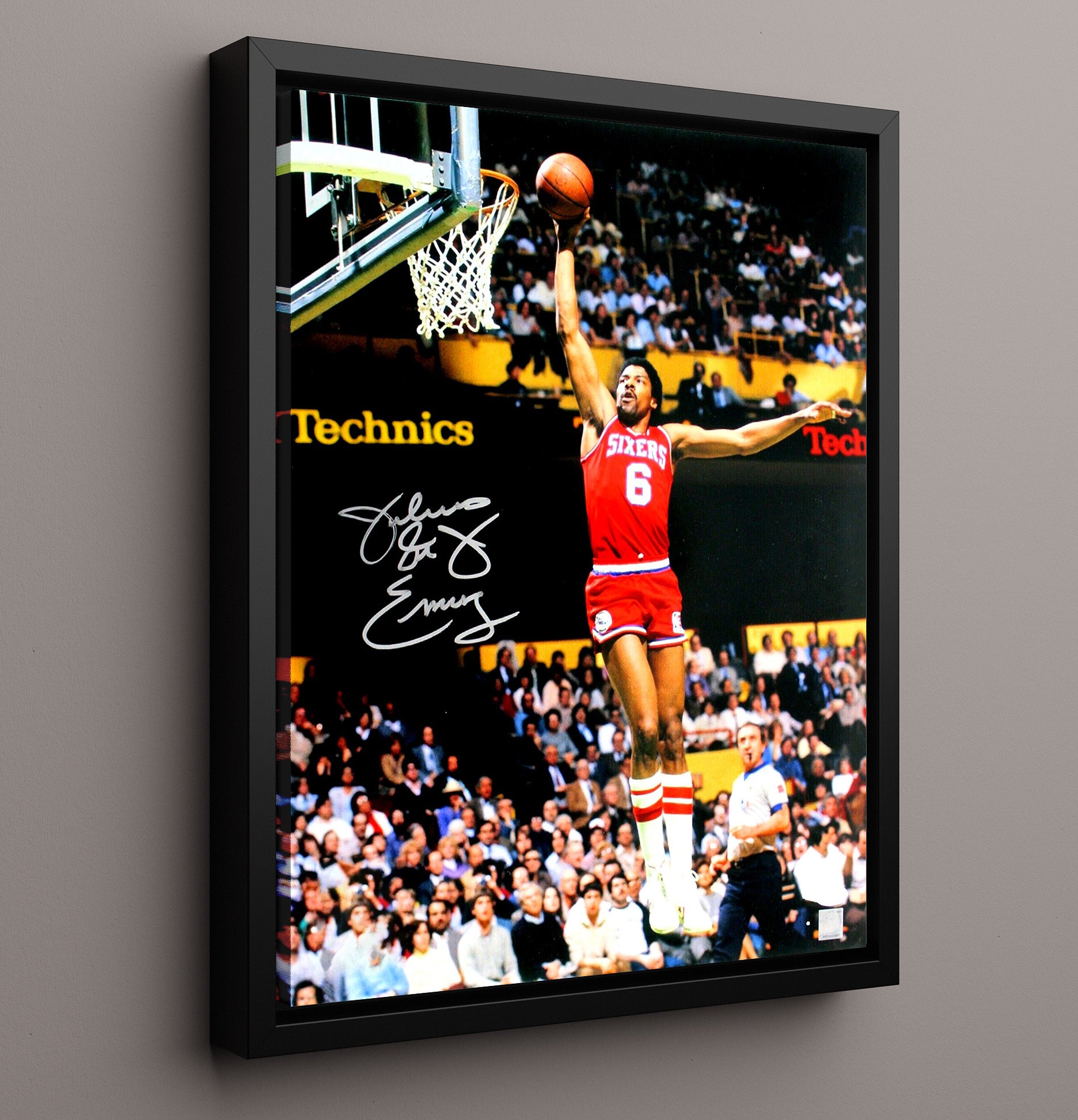 Julius Erving Sixers Baseline Skywalk Finish basketball print - 16x20 Framed Canvas wall art